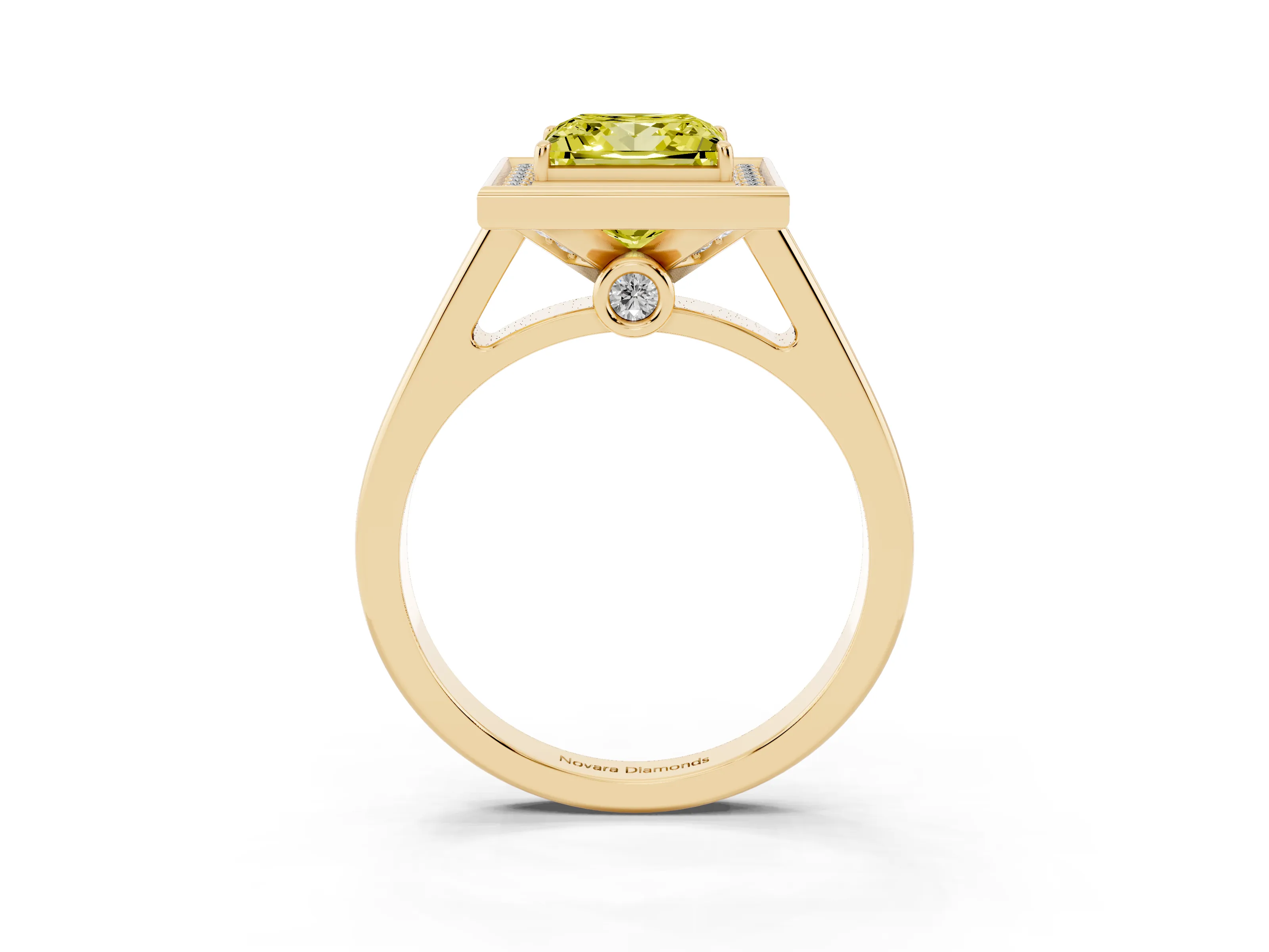 Fancy Yellow Princess Cut Diamond Halo Solitaire Ring Set in Yellow gold with Pavé Band and Bezel Setting