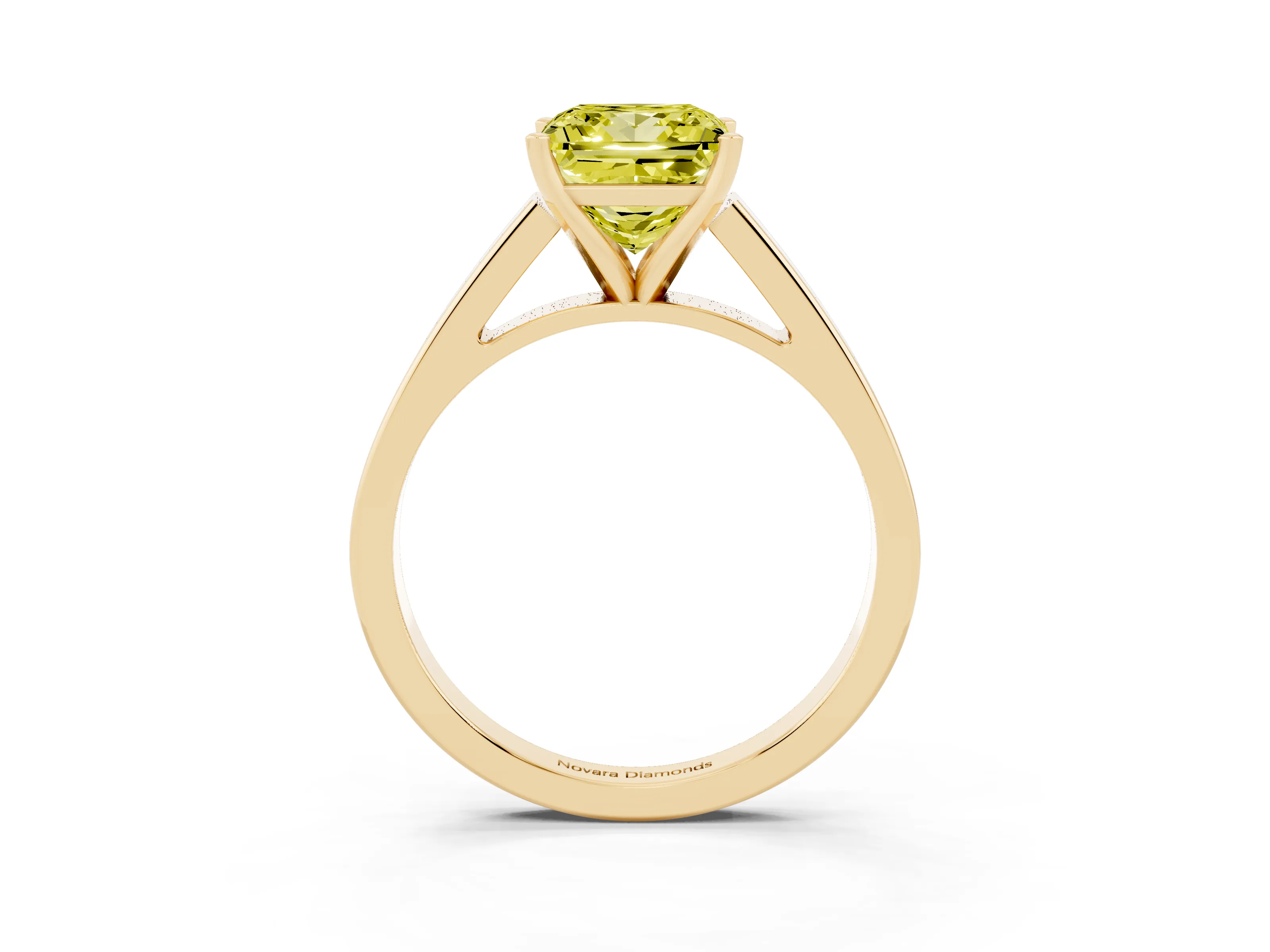Fancy Yellow Princess Cut Diamond Solitaire Engagement Ring Set in Yellow gold with Prong Setting and Tapered Band