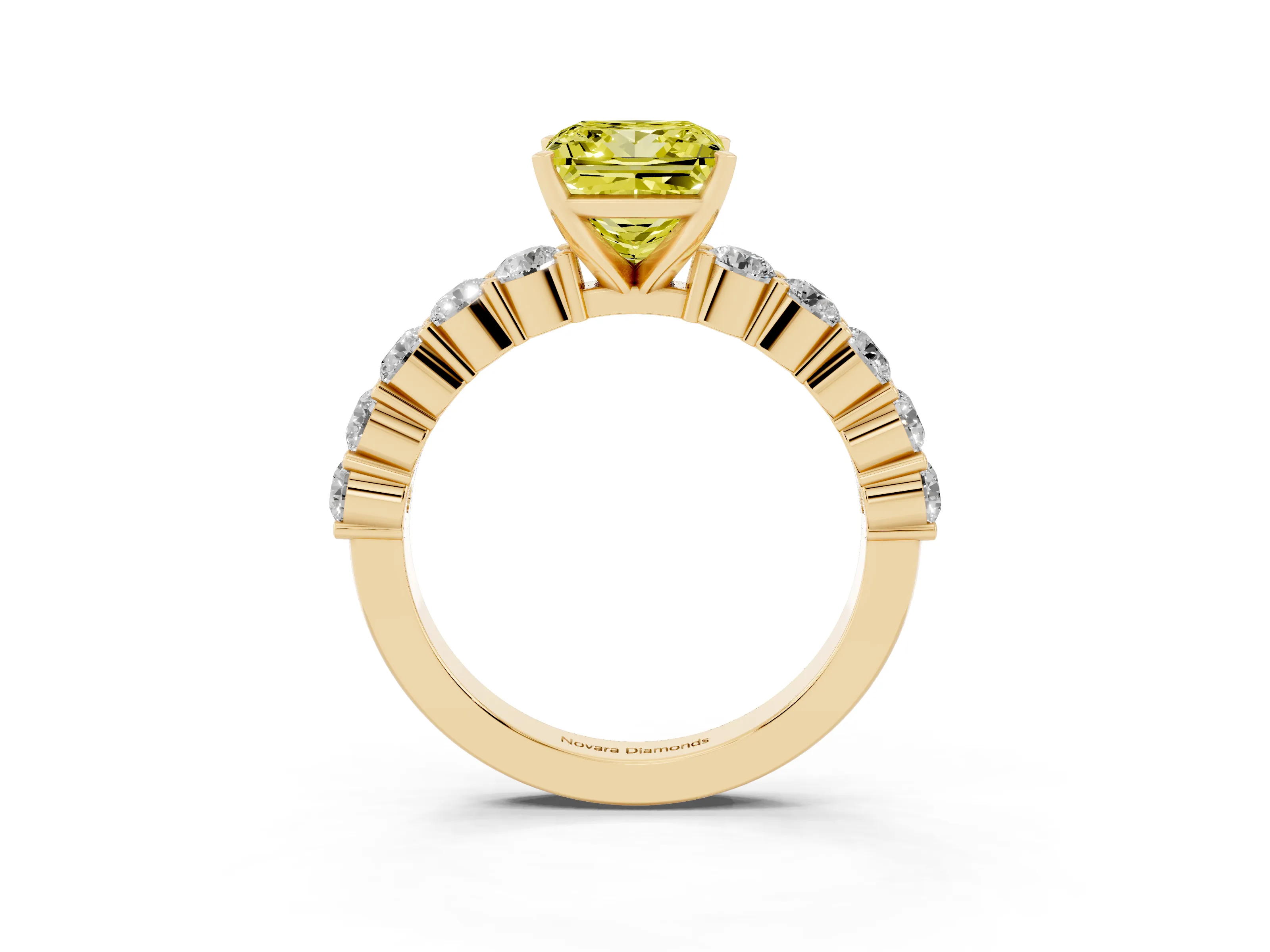 Fancy Yellow Princess Cut Diamond Solitaire Ring Set in Yellow gold with Shared Prong Round Side Stones