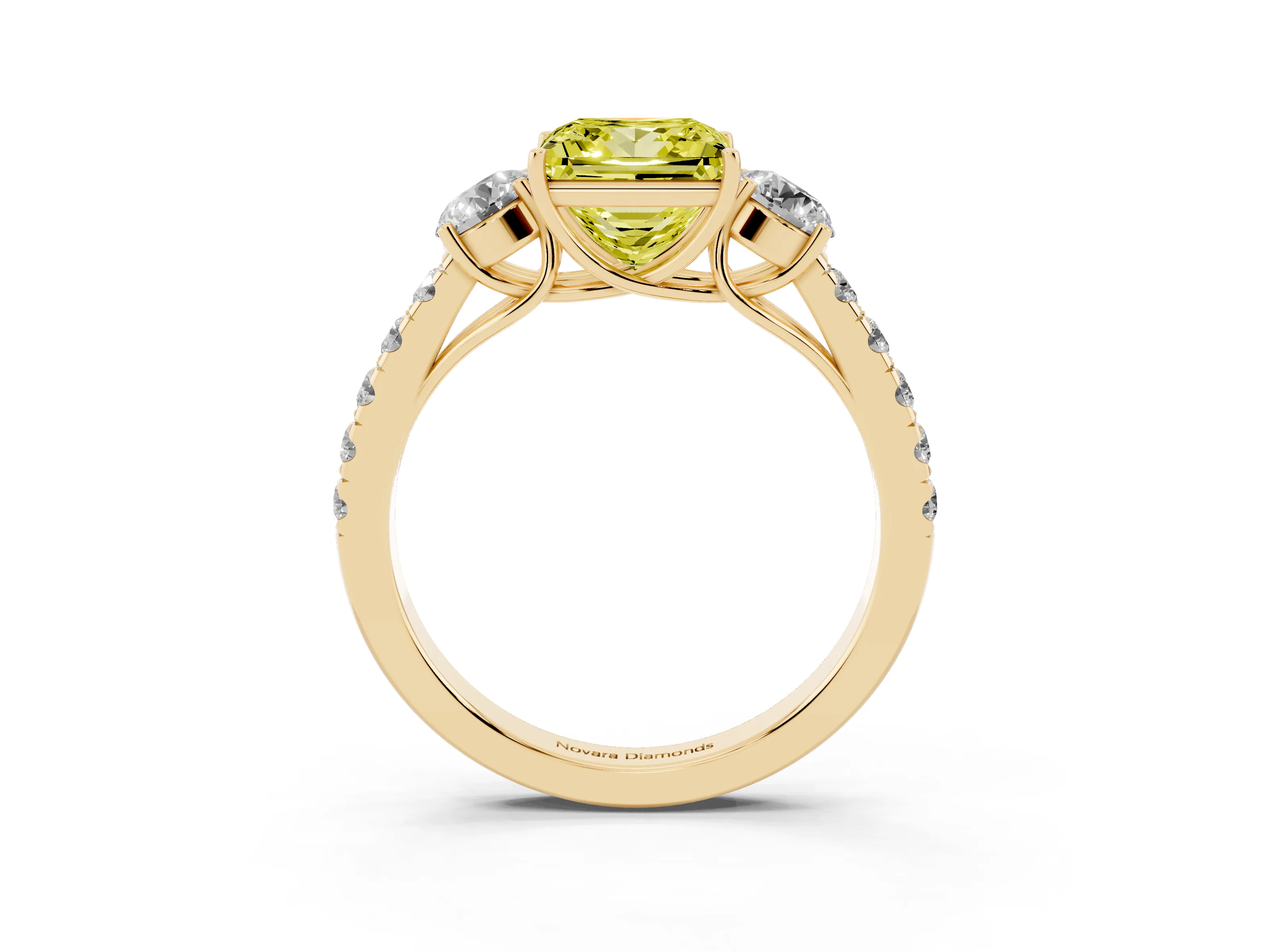 Fancy Yellow Princess Cut Diamond Three-Stone Ring Set in Yellow gold with Round Side Stones and Delicate Pavé Band