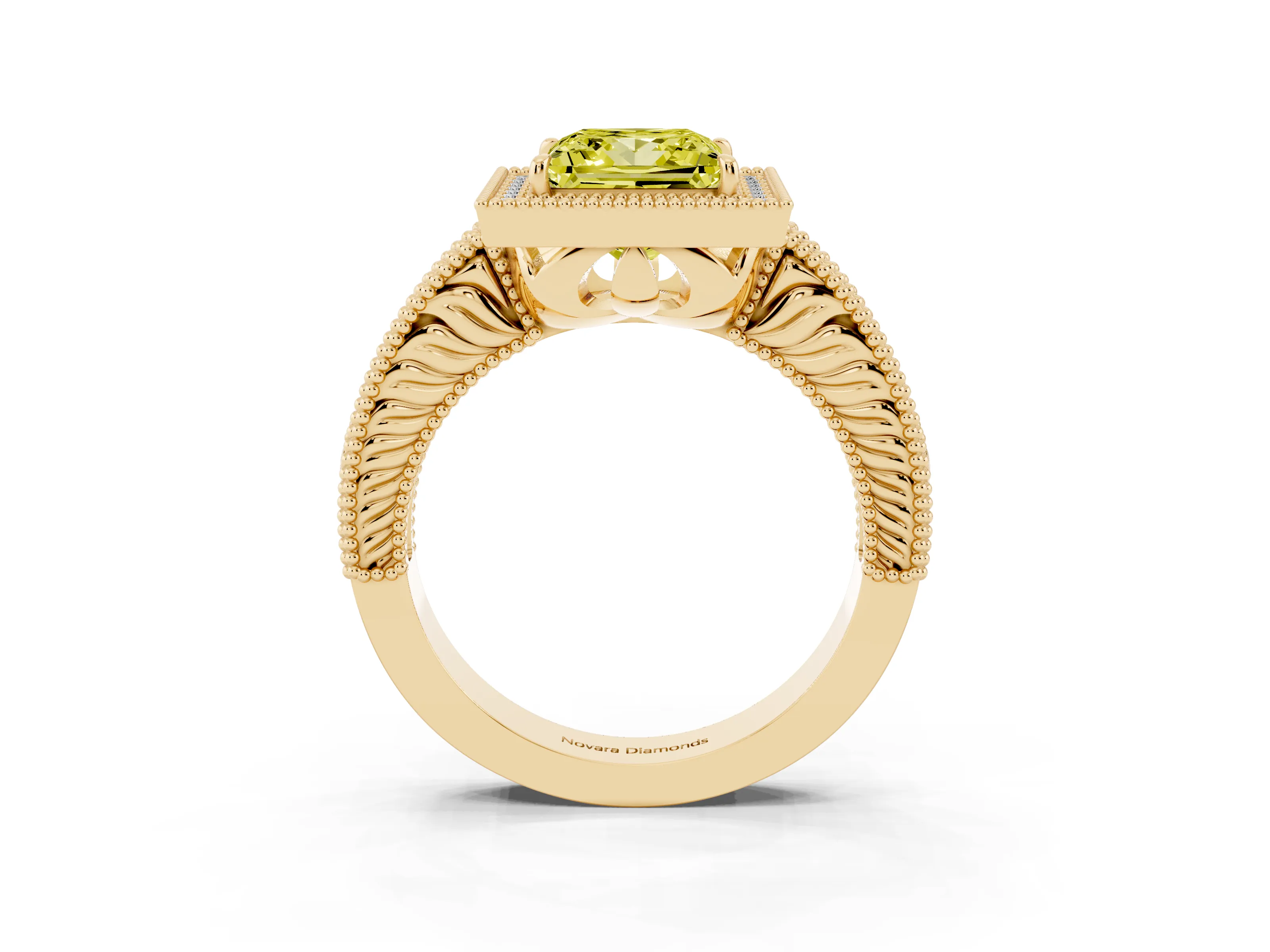 Fancy Yellow Princess Cut Diamond Halo Ring Set in Yellow gold with Round Accent Halo, Pavé Band and Prong Setting
