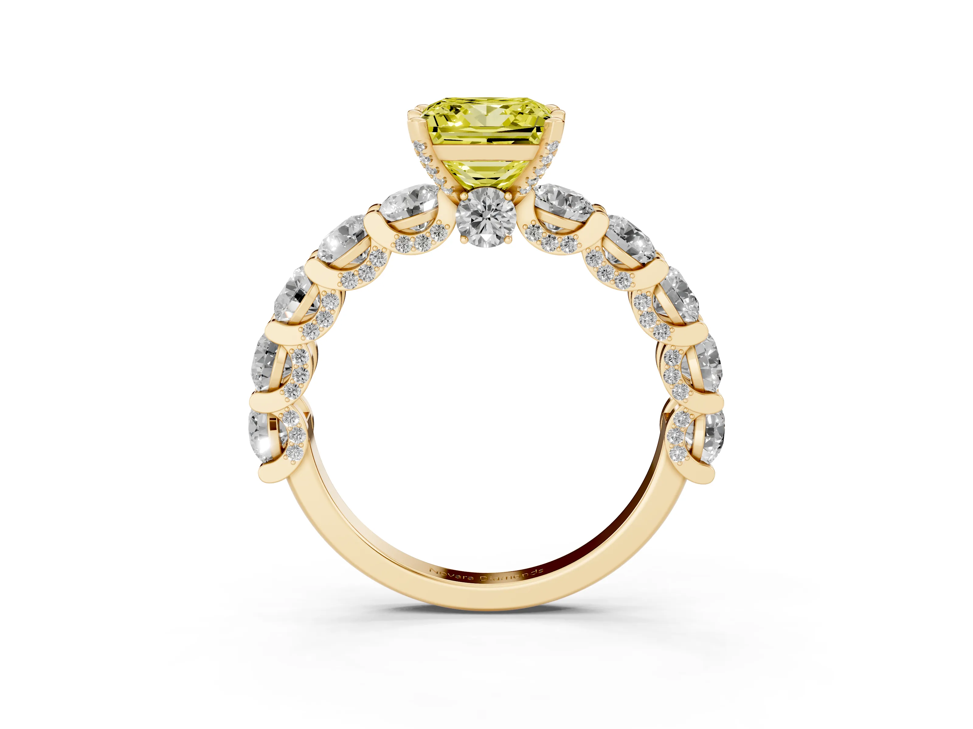 Fancy Yellow Princess Cut Diamond Side Stone Ring Set in Yellow gold with Alternating Round and Oval Side Stones