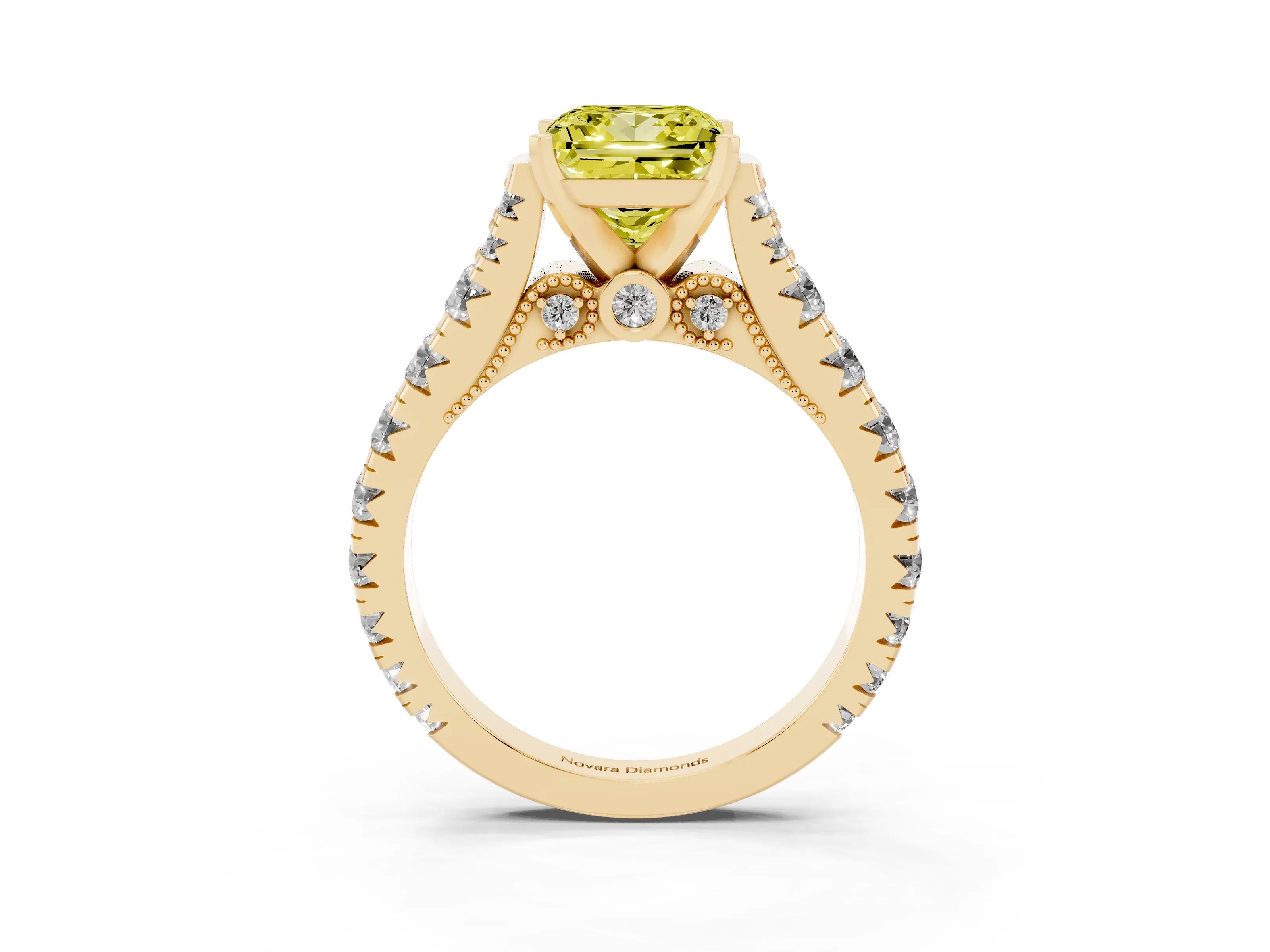 Fancy Yellow Princess Cut Diamond Classic Solitaire Ring Set in Yellow gold with Pavé Band and Prong Setting