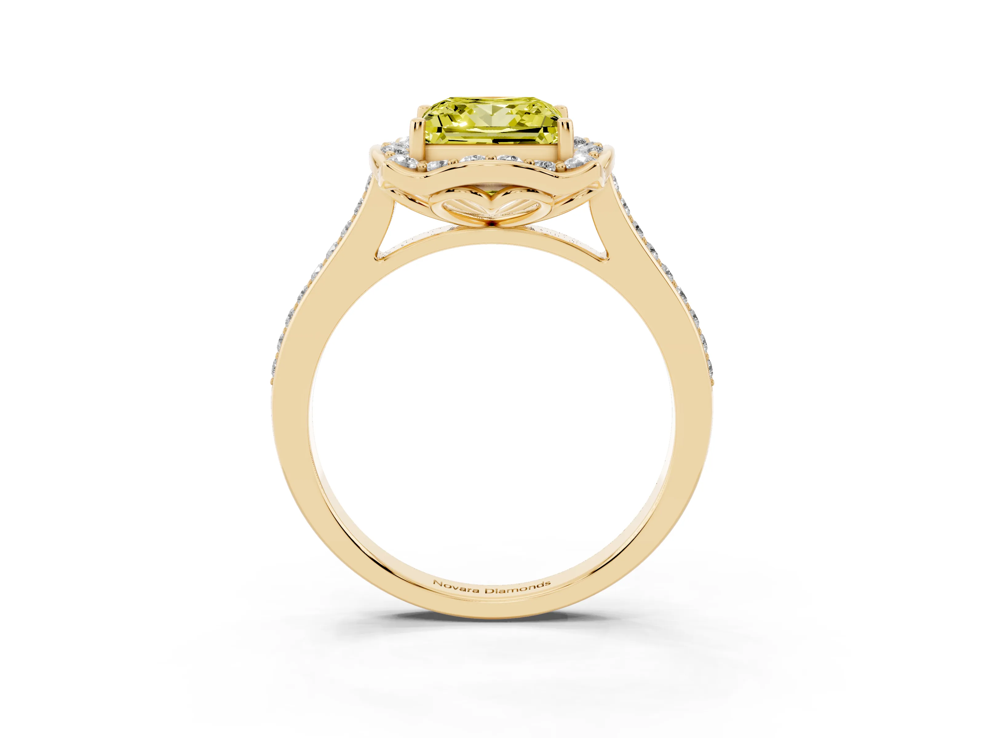 Fancy Yellow Princess Cut Diamond Halo Ring Set in Yellow gold with Pavé-Lined Shoulders and Prong Setting