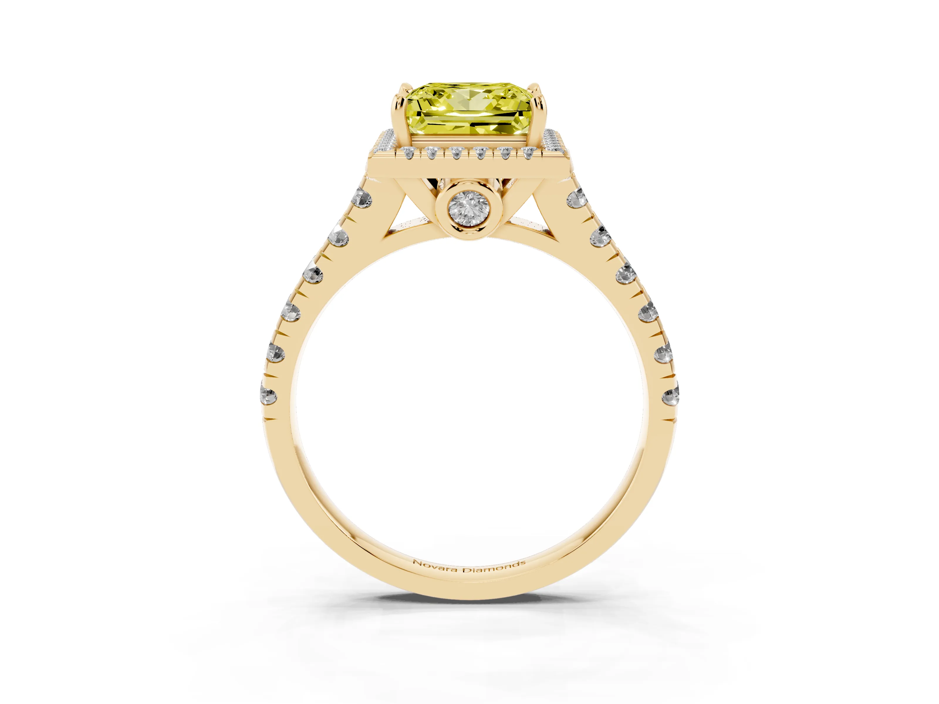 Fancy Yellow Princess Cut Diamond Halo Engagement Ring Set in Yellow gold with Pavé Band and Prong-Set Center
