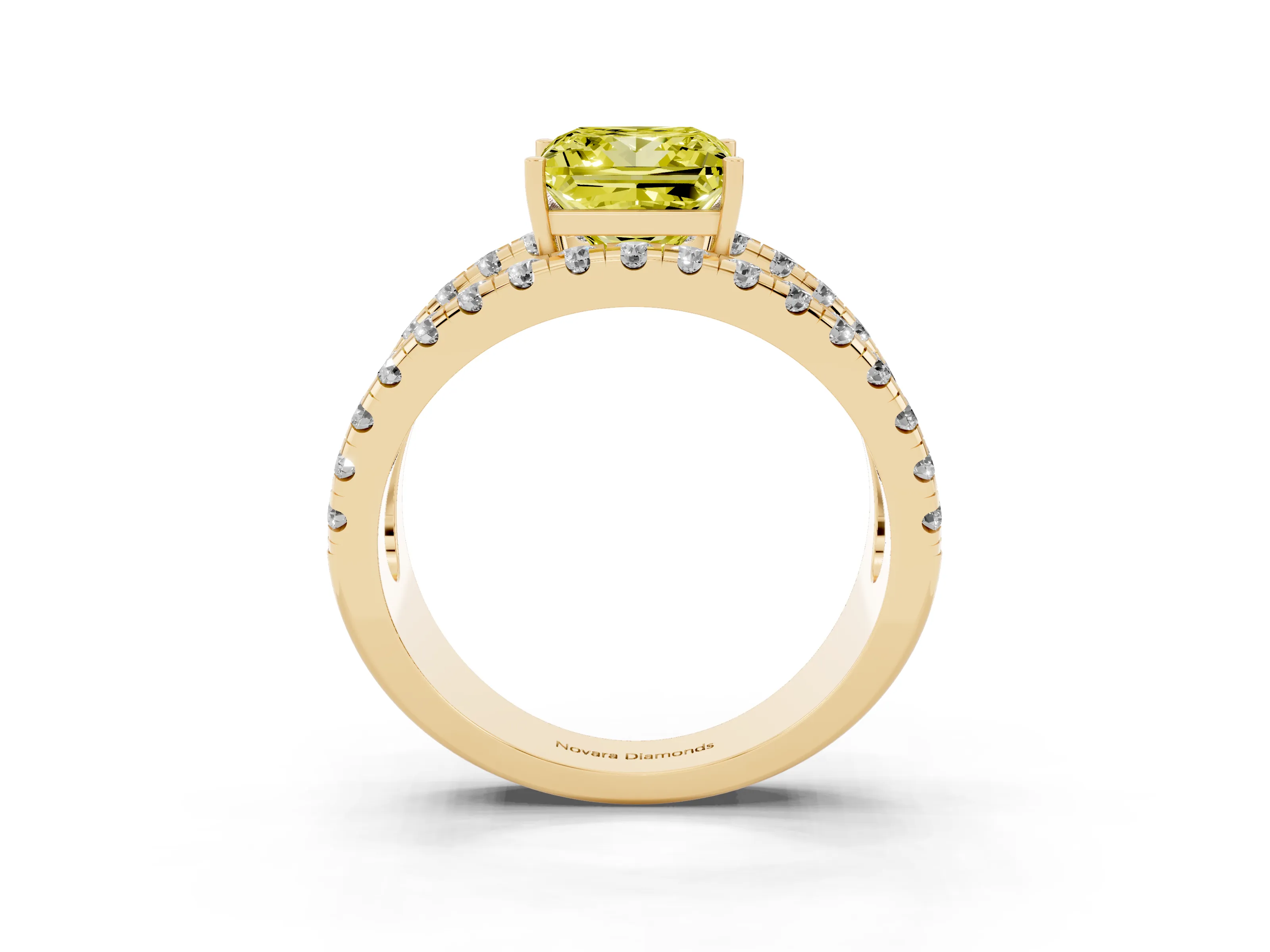 Fancy Yellow Princess Cut Diamond Split Shank Pavé Solitaire Ring Set in Yellow gold with Open Shank Design