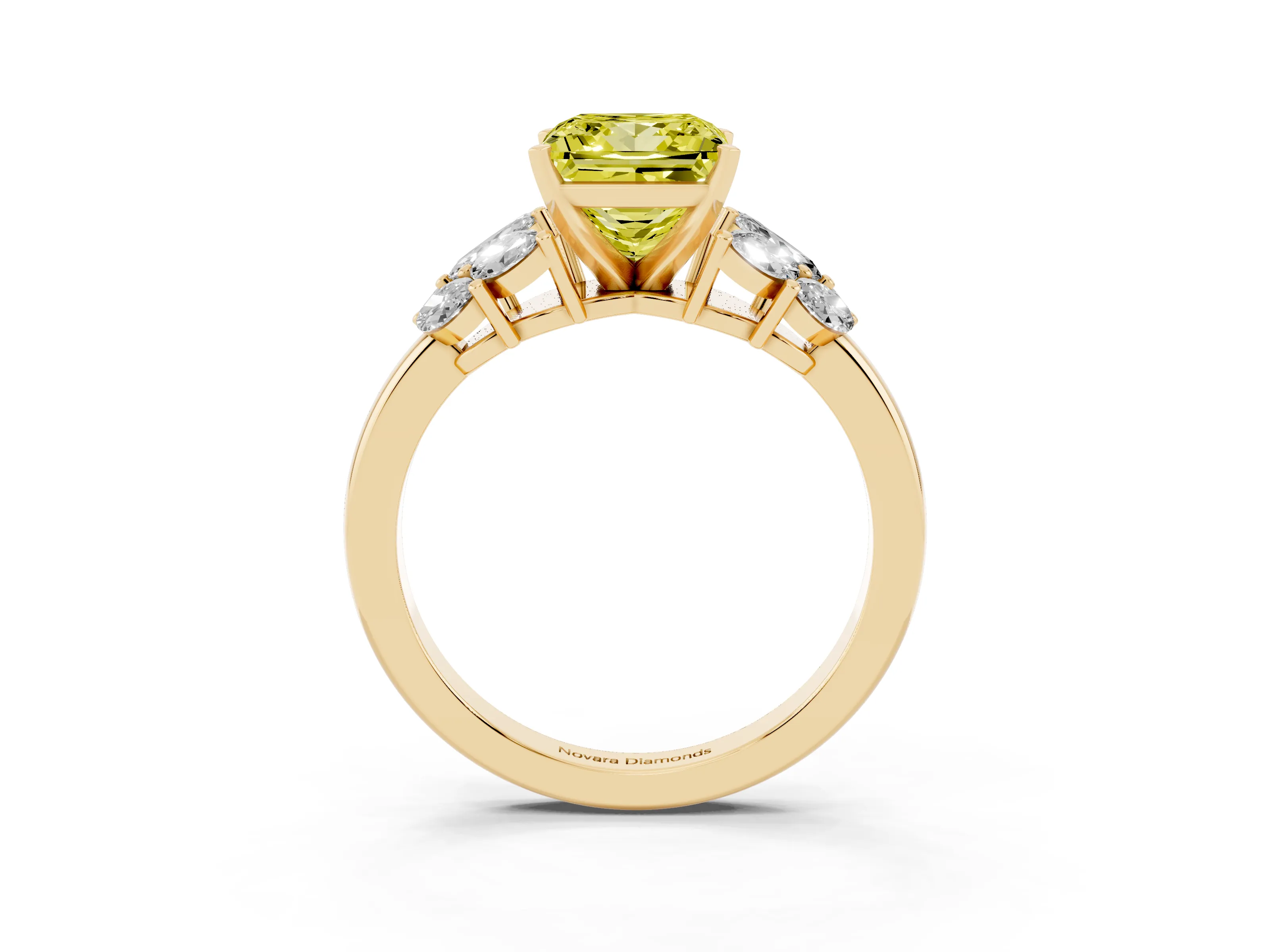 Fancy Yellow Princess Cut Diamond Cluster Leaf Design Ring Set in Yellow gold with Prong Setting
