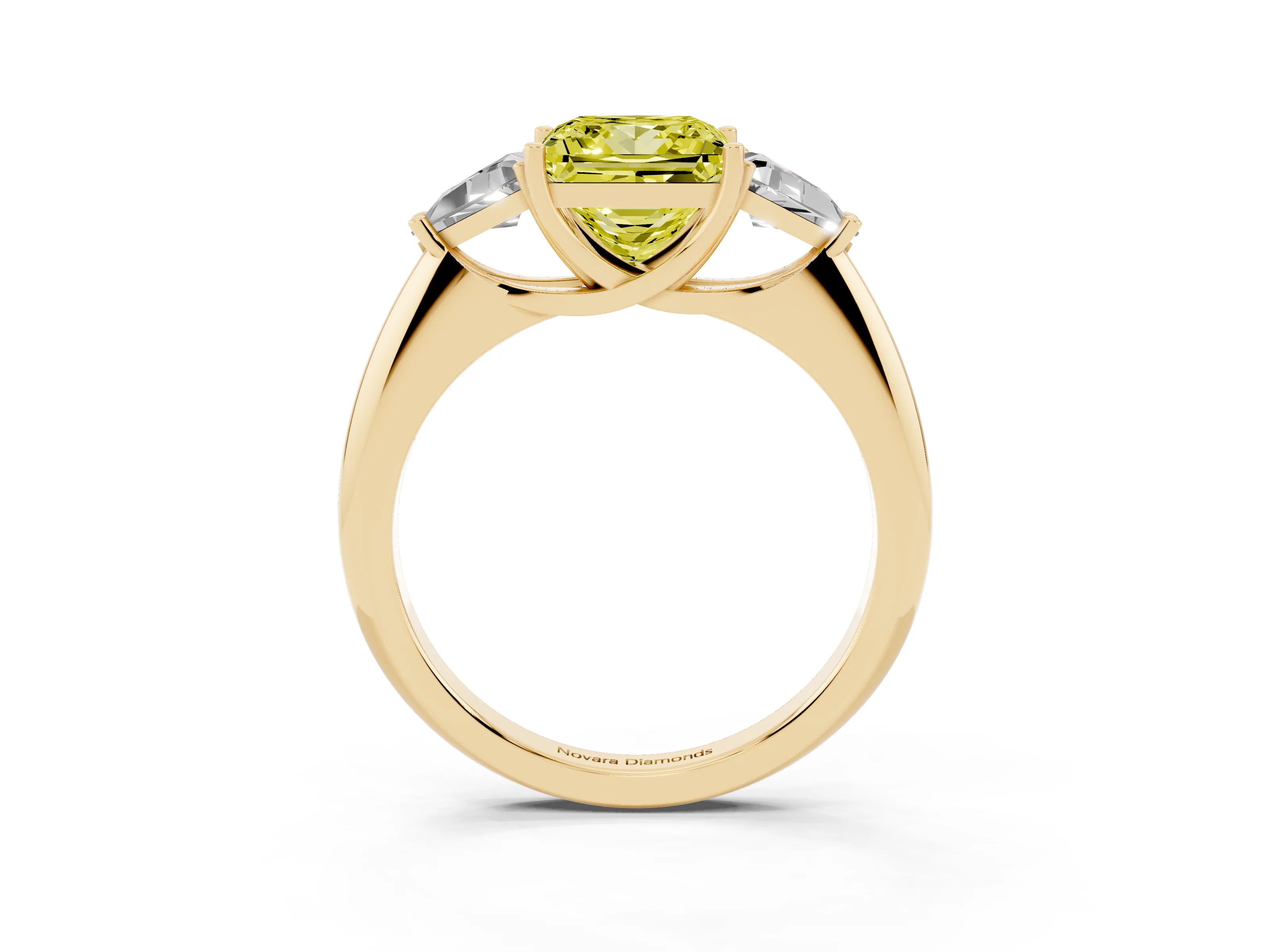 Fancy Yellow Princess Cut Diamond Three-Stone Engagement Ring Set in Yellow gold with Trillion Side Stones
