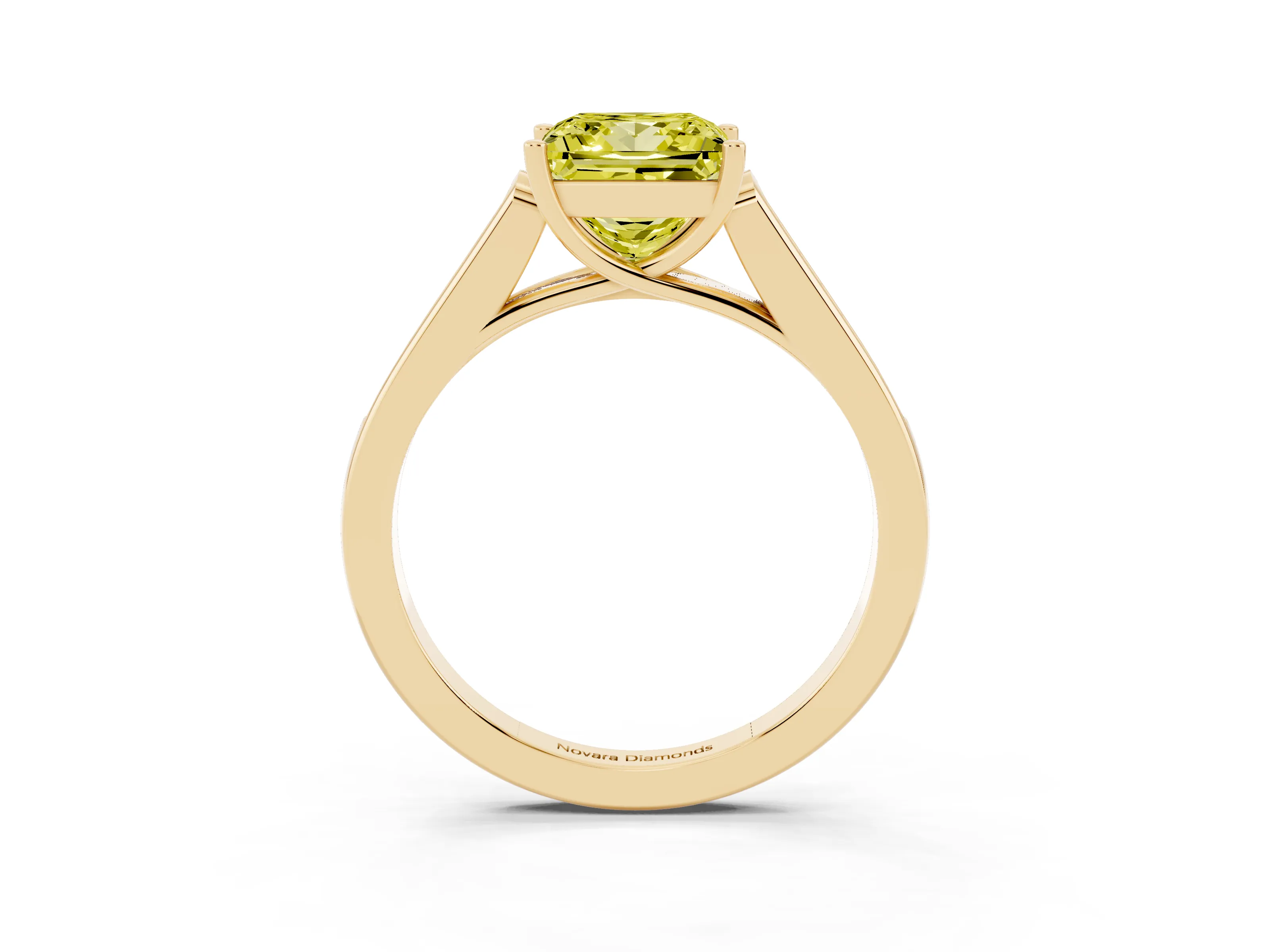 Fancy Yellow Princess Cut Diamond Solitaire Cathedral Engagement Ring Set in Yellow gold with Channel-Set Band and Prong Setting