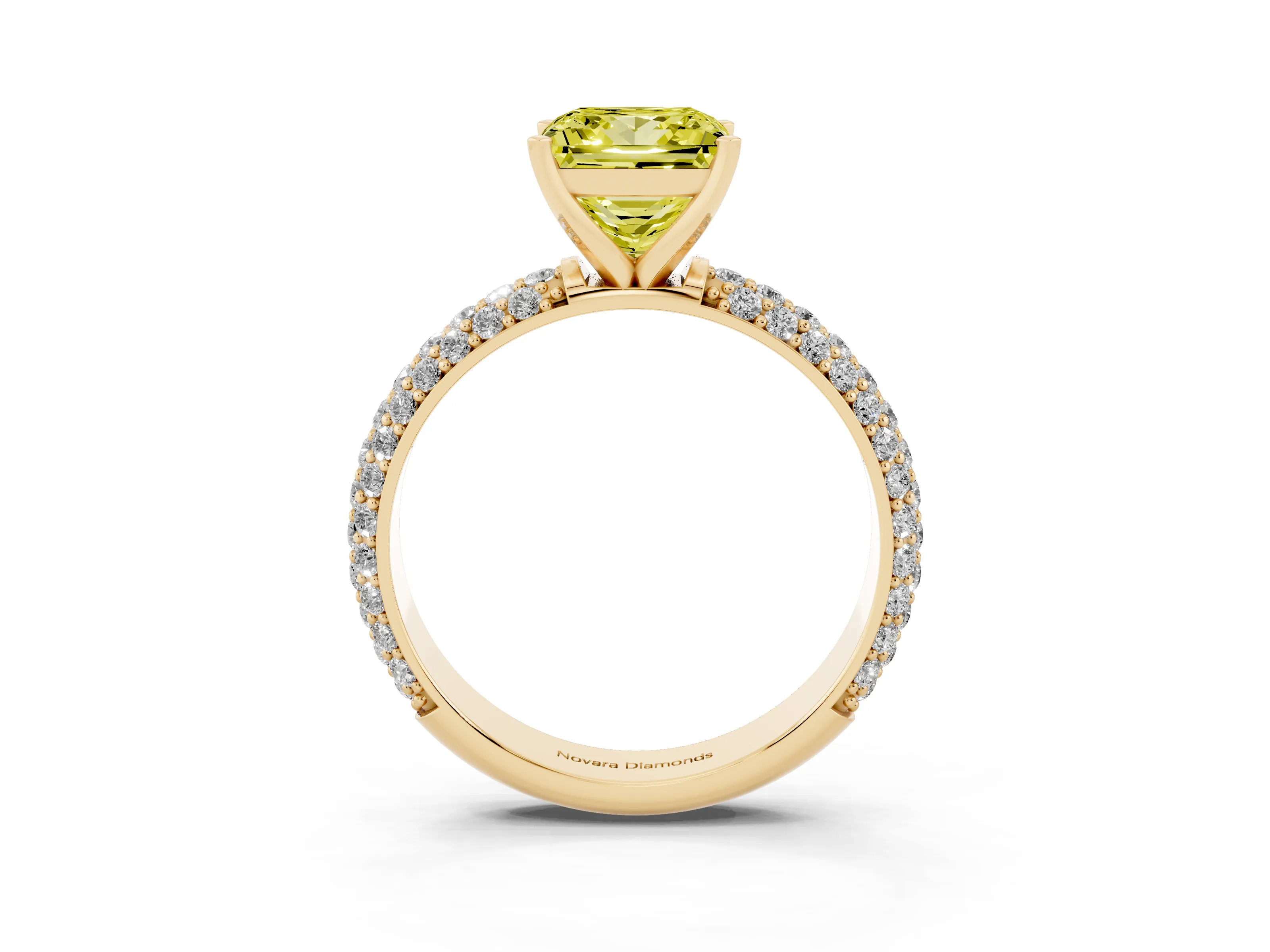 Fancy Yellow Princess Cut Diamond Solitaire Ring Set in Yellow gold with Prong Setting and Pavé-Set Band