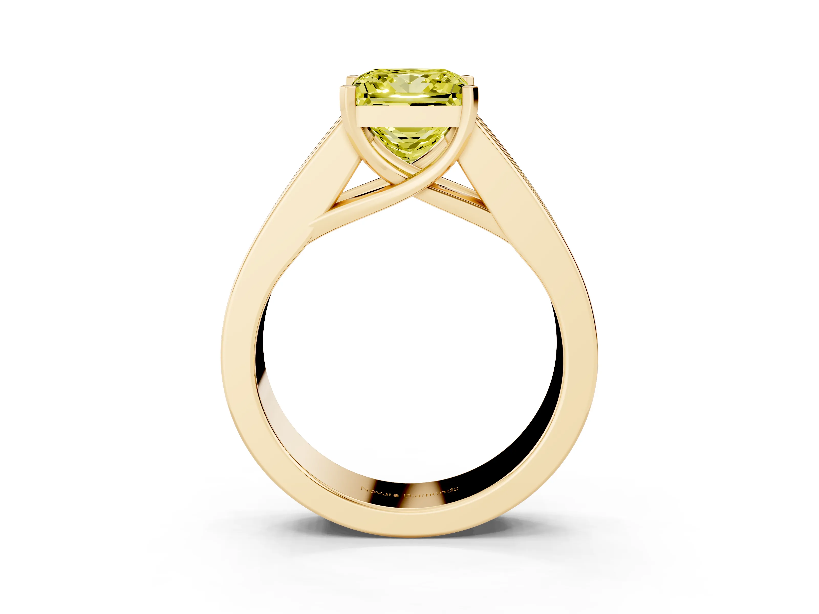 Fancy Yellow Princess Cut Diamond Solitaire Ring Set in Yellow gold with Channel-Set Accent Stones and Prong Setting
