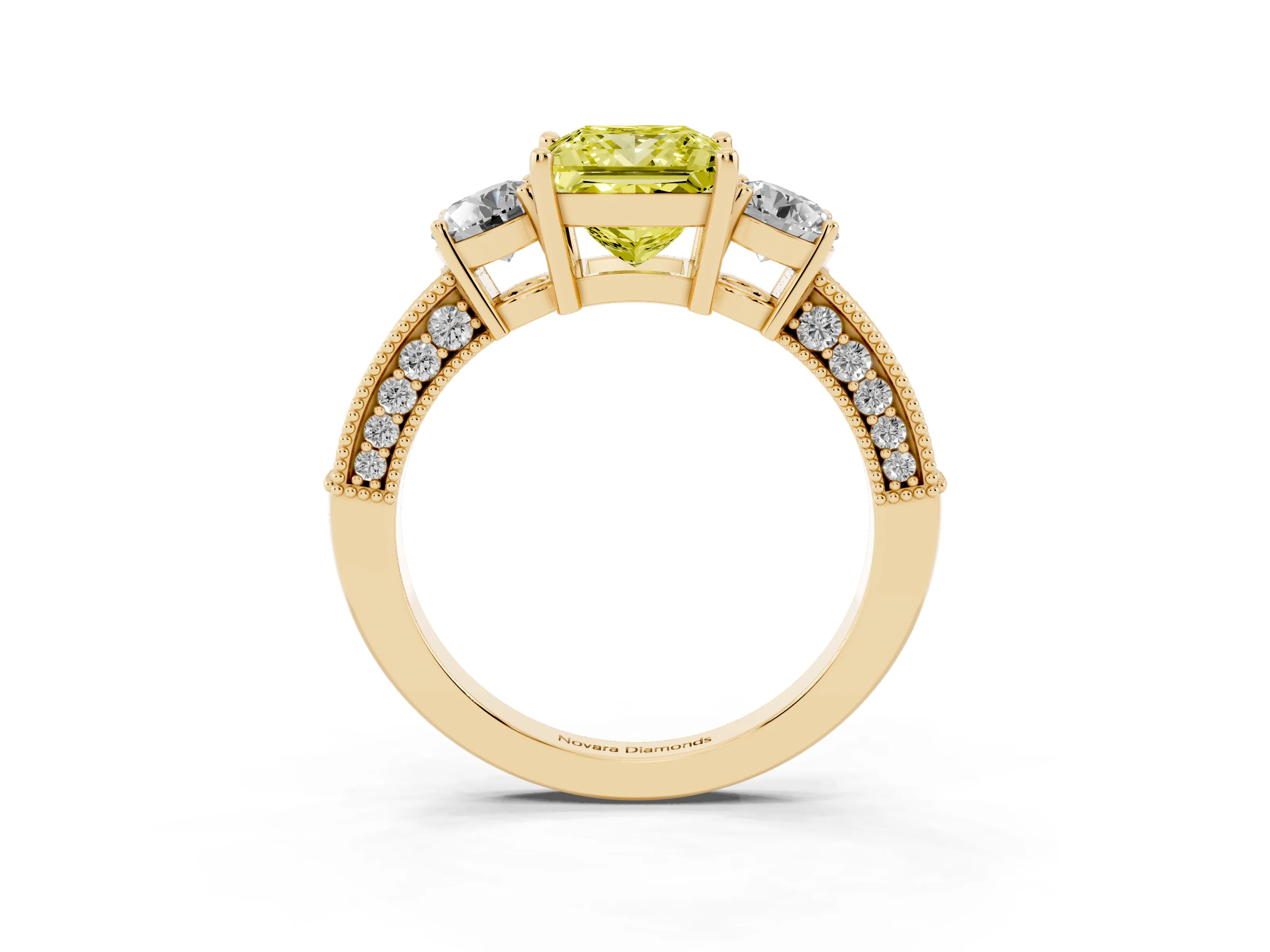 Fancy Yellow Princess Cut Diamond Three-Stone Ring Set in Yellow gold with Round Side Stones and Pavé Band