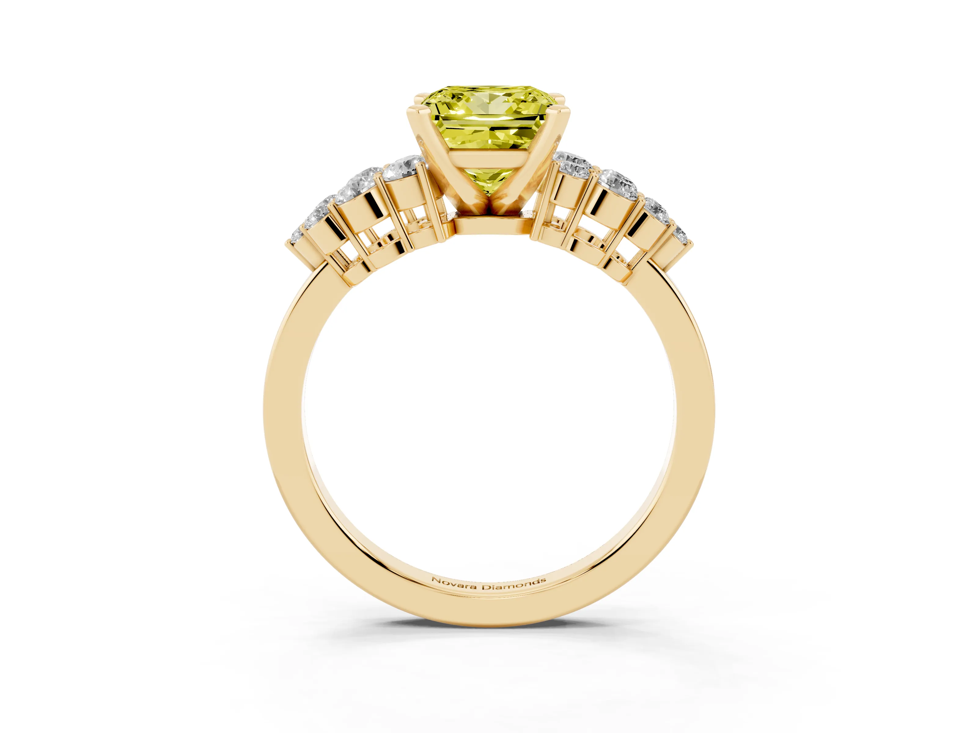 Fancy Yellow Princess Cut Diamond Cluster Engagement Ring Set in Yellow gold with Pavé Band and Prong Setting