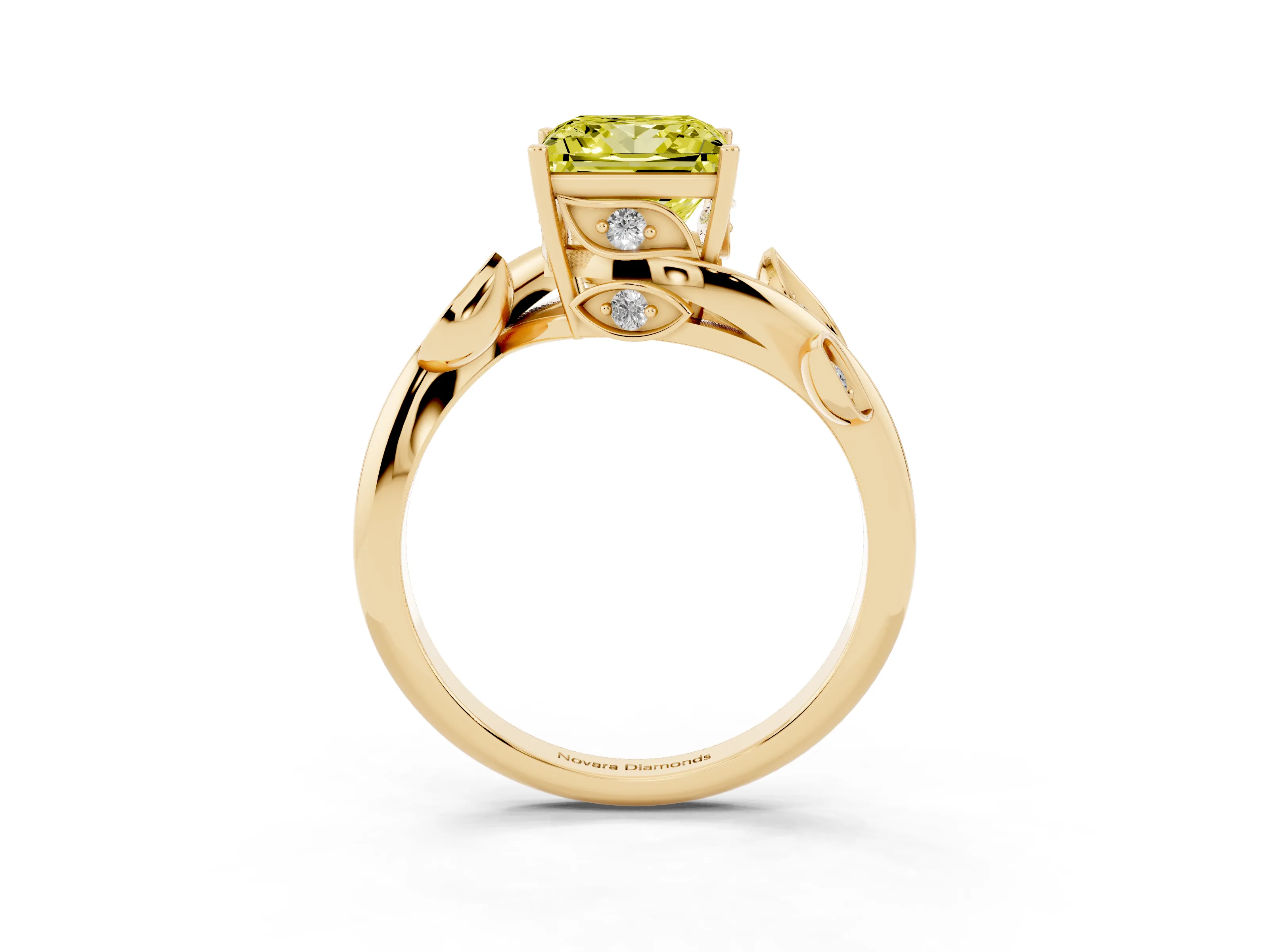 Fancy Yellow Princess Cut Diamond Solitaire Twist Engagement Ring Set in Yellow gold with Pavé Leaf Accents
