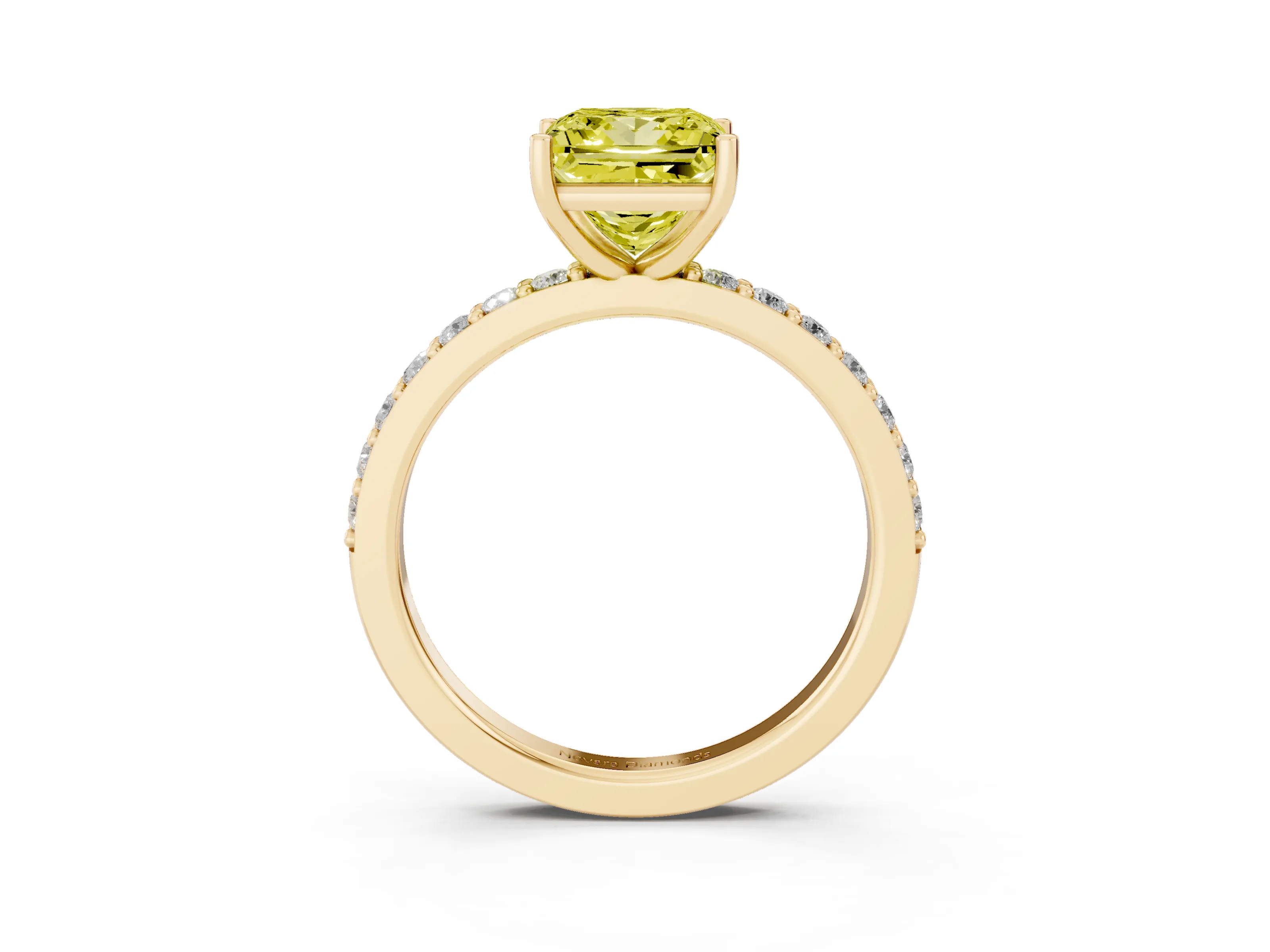Fancy Yellow Princess Cut Diamond Solitaire Set in Yellow gold with Round Pavé Band and Prong Setting