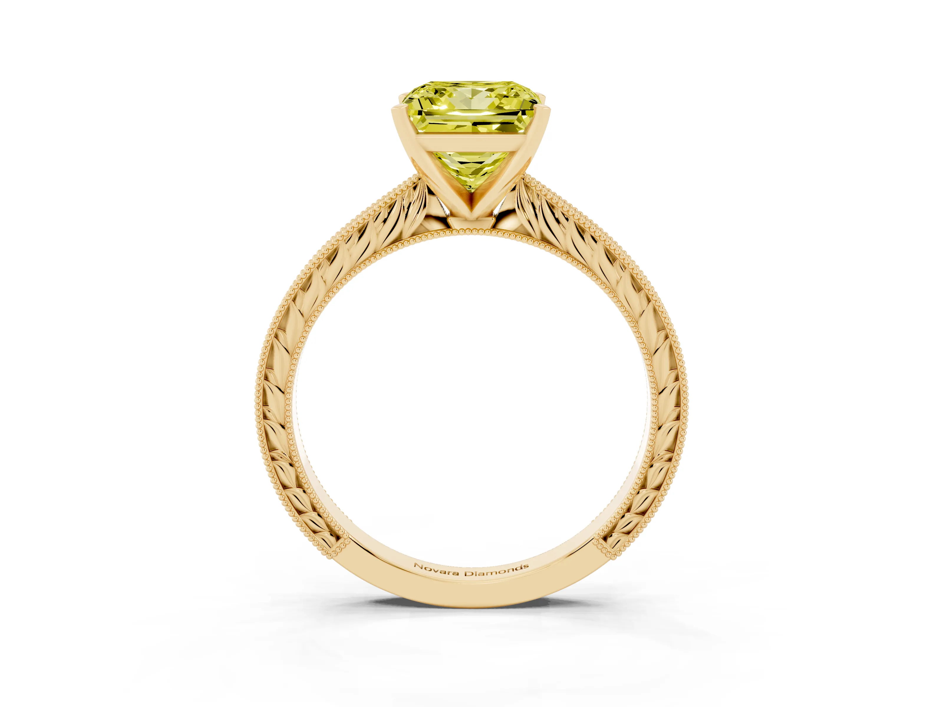 Fancy Yellow Princess Cut Diamond Solitaire Milgrain Engraved Band Set in Yellow gold with Prong Setting