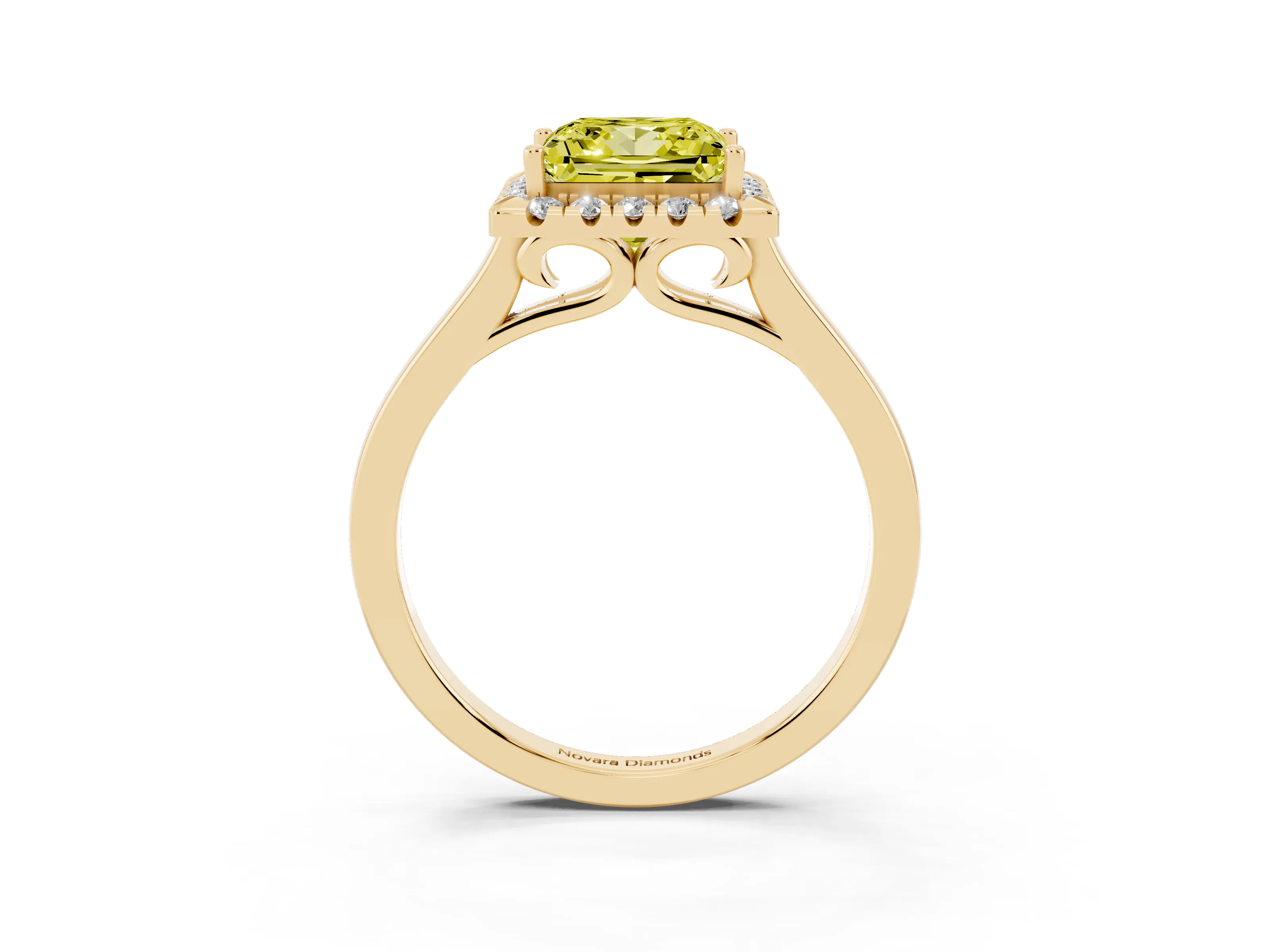 Fancy Yellow Princess Cut Halo Round Diamond Solitaire Ring Set in Yellow gold with Pavé Band and Prong Setting