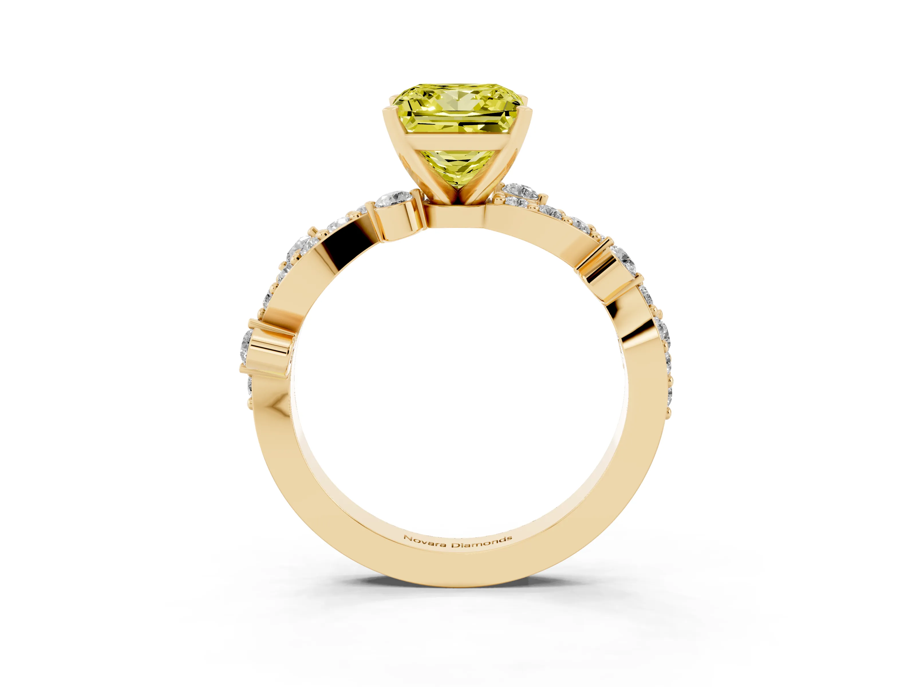 Fancy Yellow Princess Cut Diamond Solitaire Twisted Band Set in Yellow gold with Pavé Setting