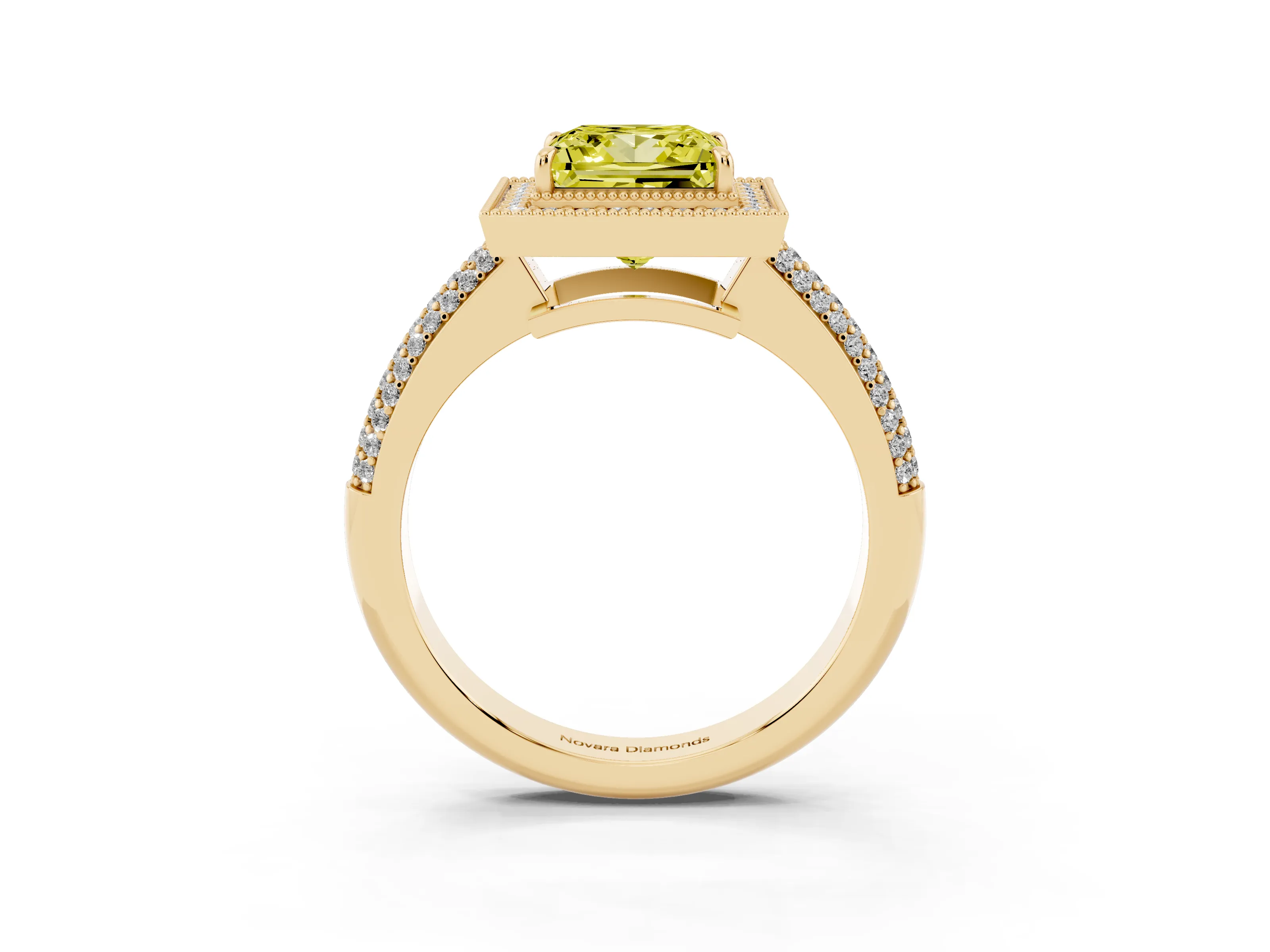 Fancy Yellow Princess Cut Diamond Halo Pavé Band Set in Yellow gold with Prong Setting