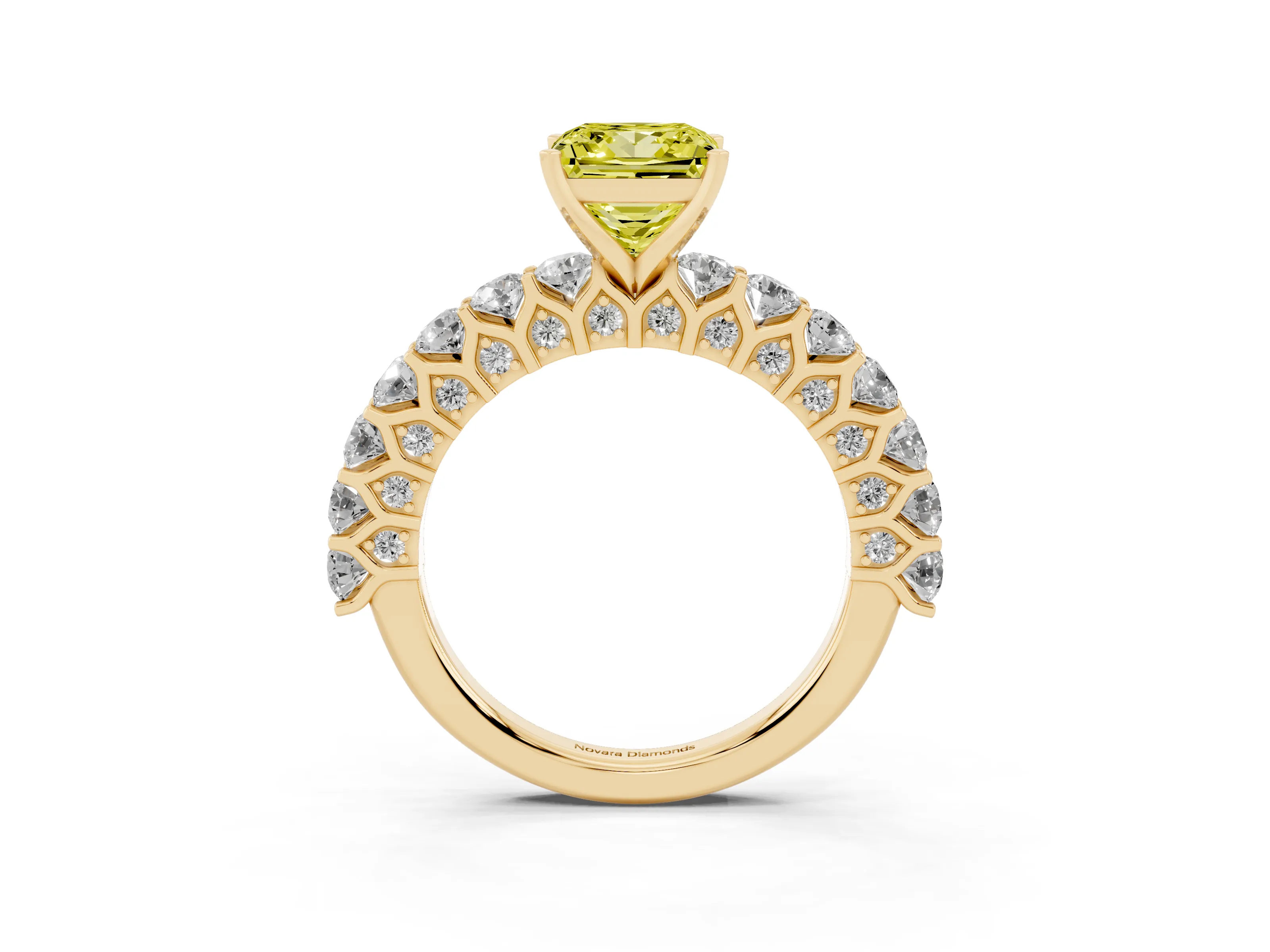 Fancy Yellow Princess Cut Diamond Solitaire Ring Set in Yellow gold with Shared Prong Pavé Band