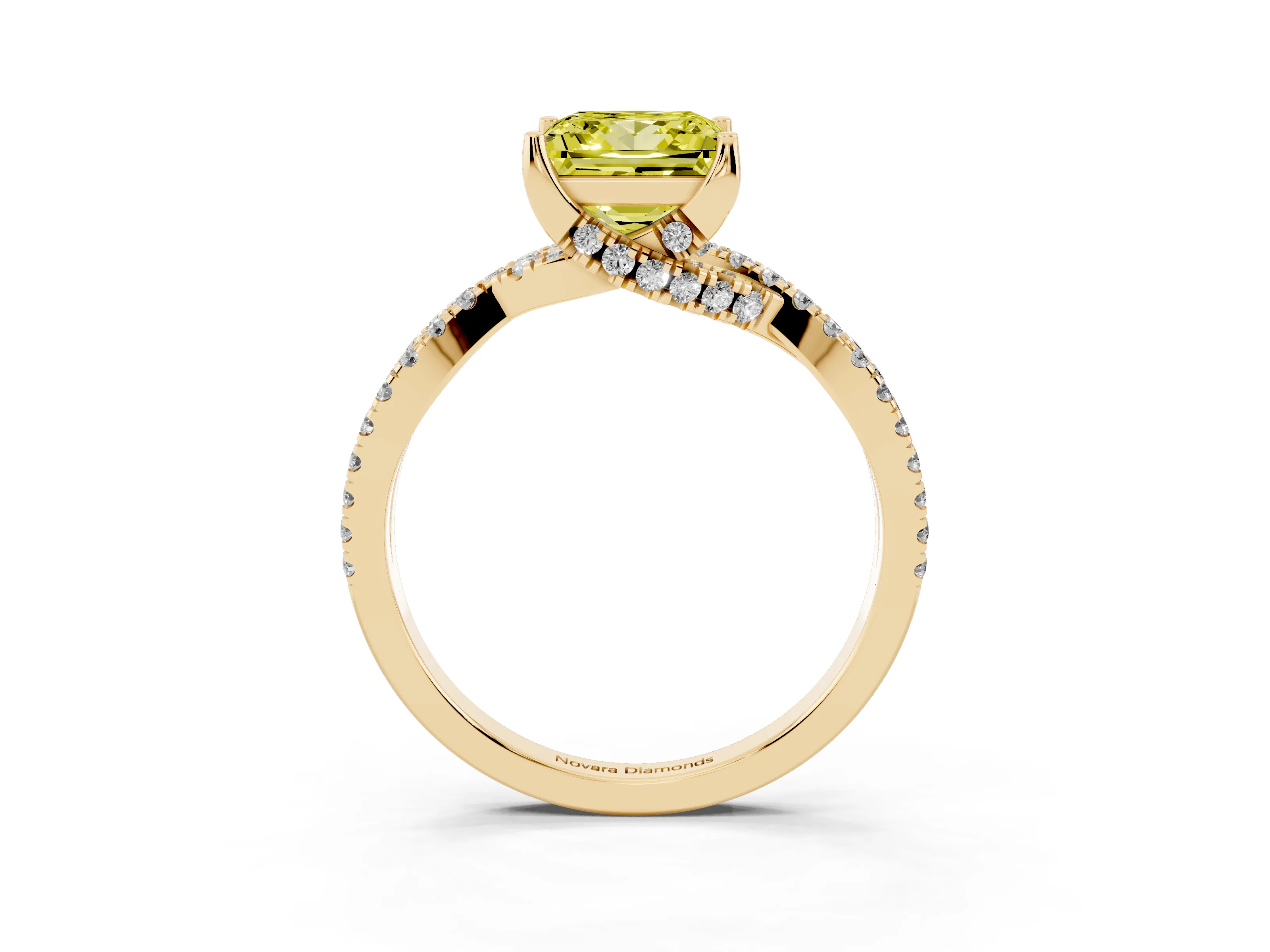 Fancy Yellow Princess Cut Diamond Twist Pavé Solitaire Engagement Ring Set in Yellow gold with Prong Setting