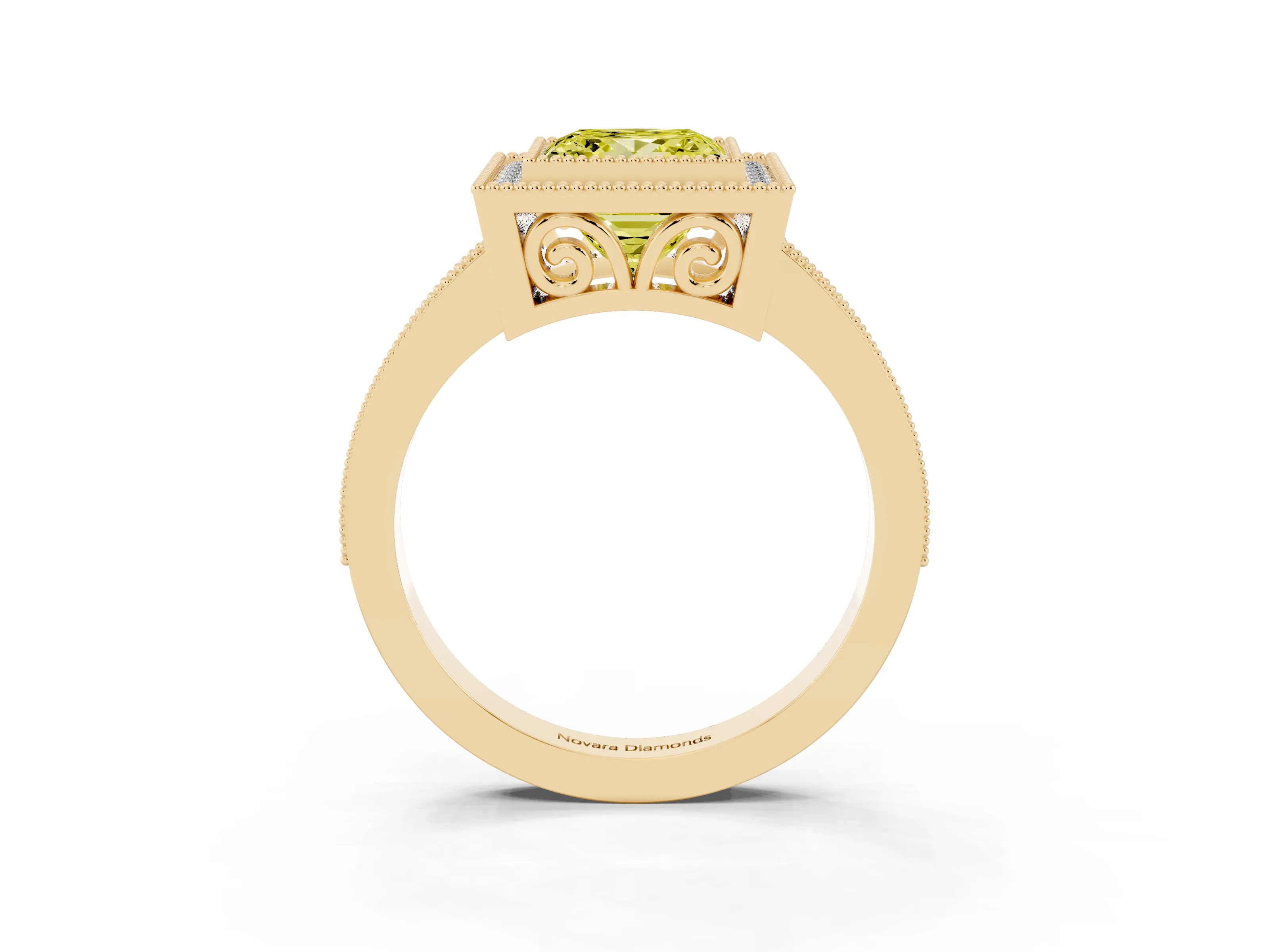 Fancy Yellow Princess Cut Diamond Halo Ring Set in Yellow gold with Pavé Band and Milgrain-Edged Prongs