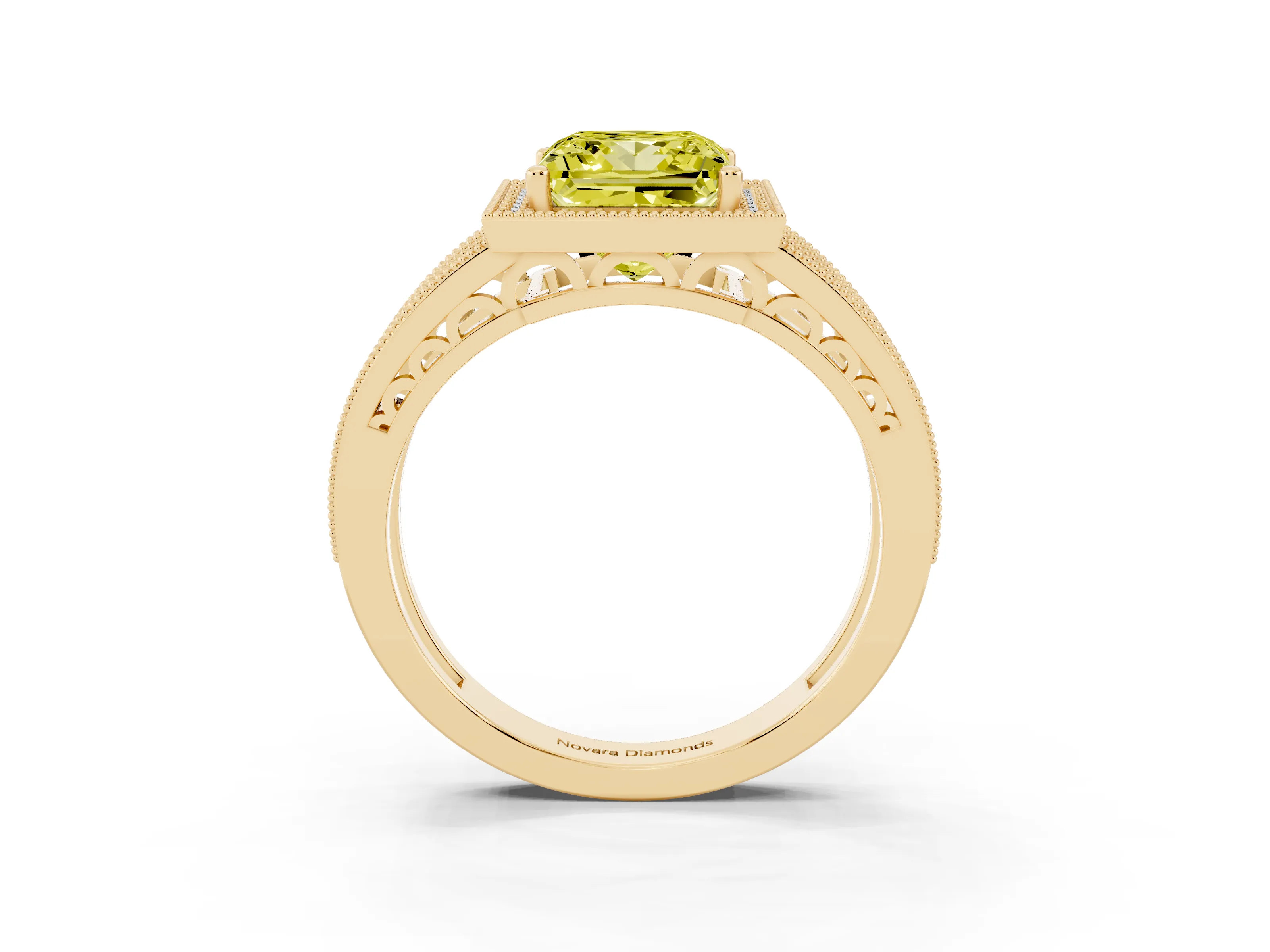 Fancy Yellow Princess Cut Diamond Halo Ring Set in Yellow gold with Accent Split Shank and Prong Setting
