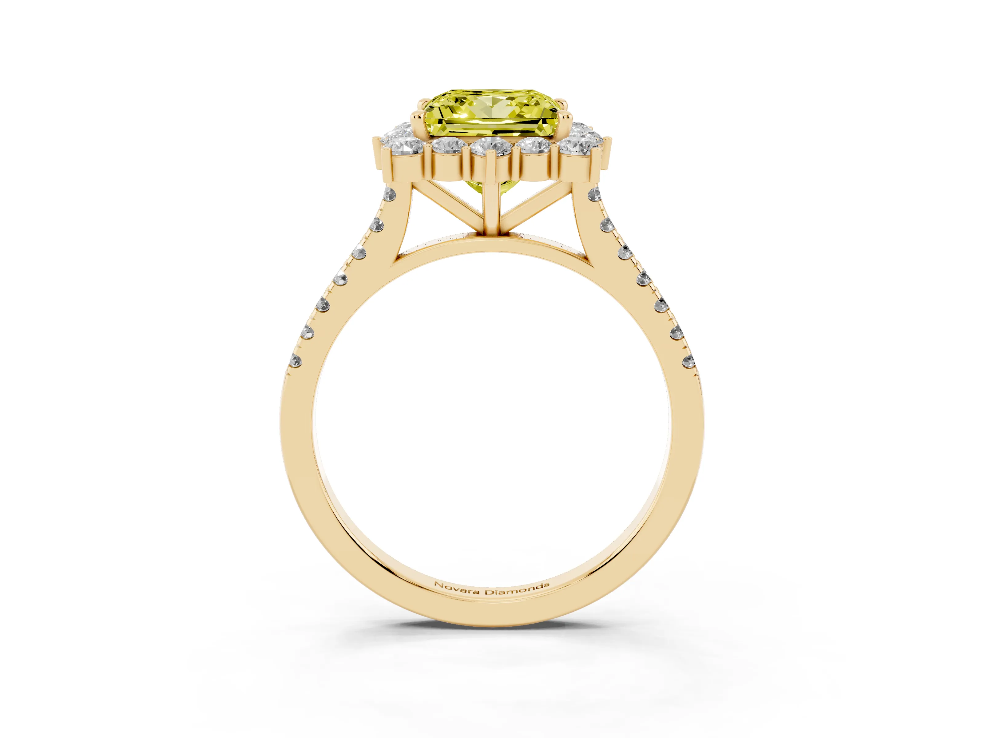 Fancy Yellow Princess Cut Diamond Halo Ring Set in Yellow gold with Pavé Band and Prong Setting