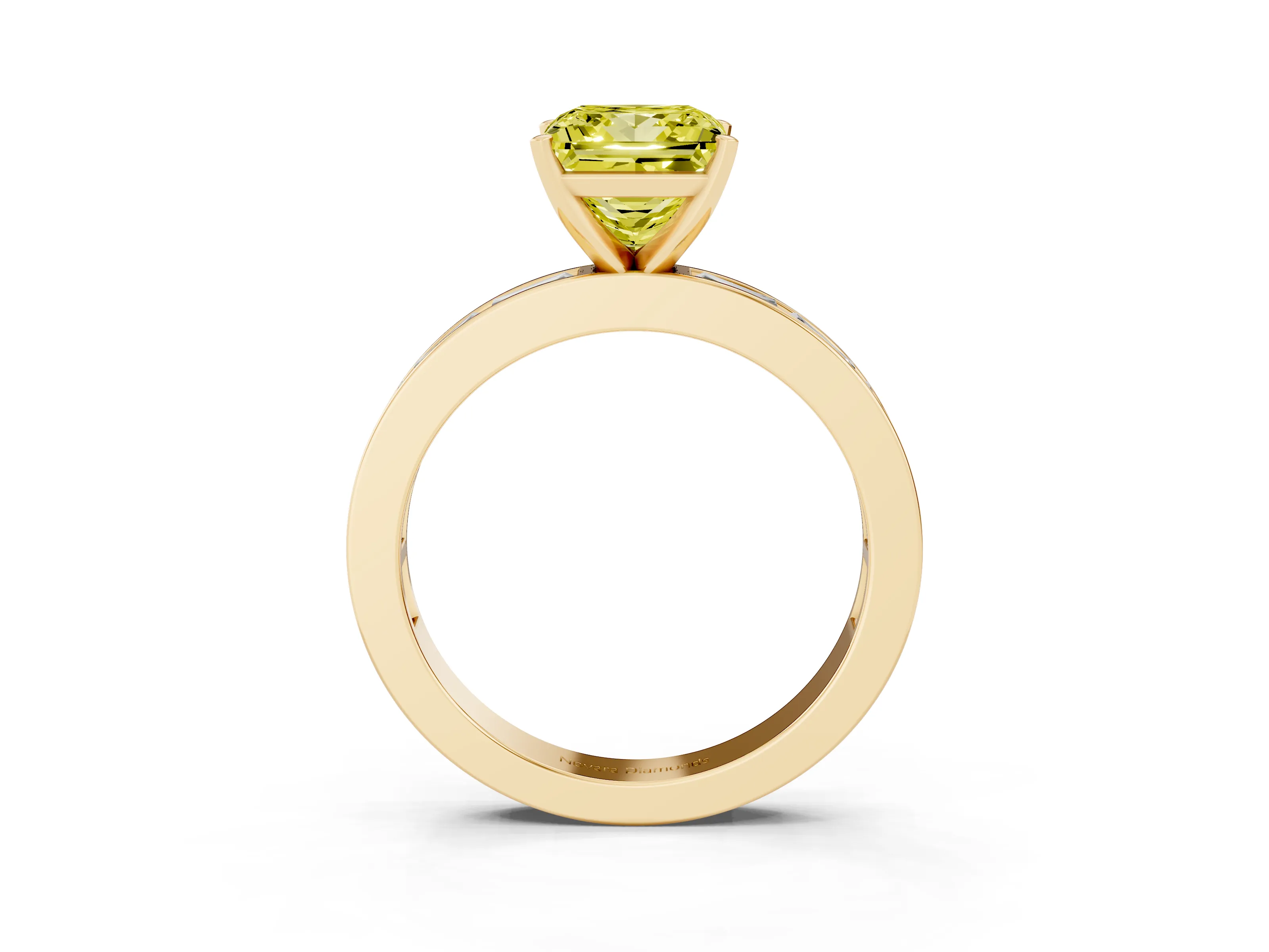 Fancy Yellow Princess Cut Diamond Solitaire Ring Set in Yellow gold with Channel-Set Baguette Band and Prong Setting