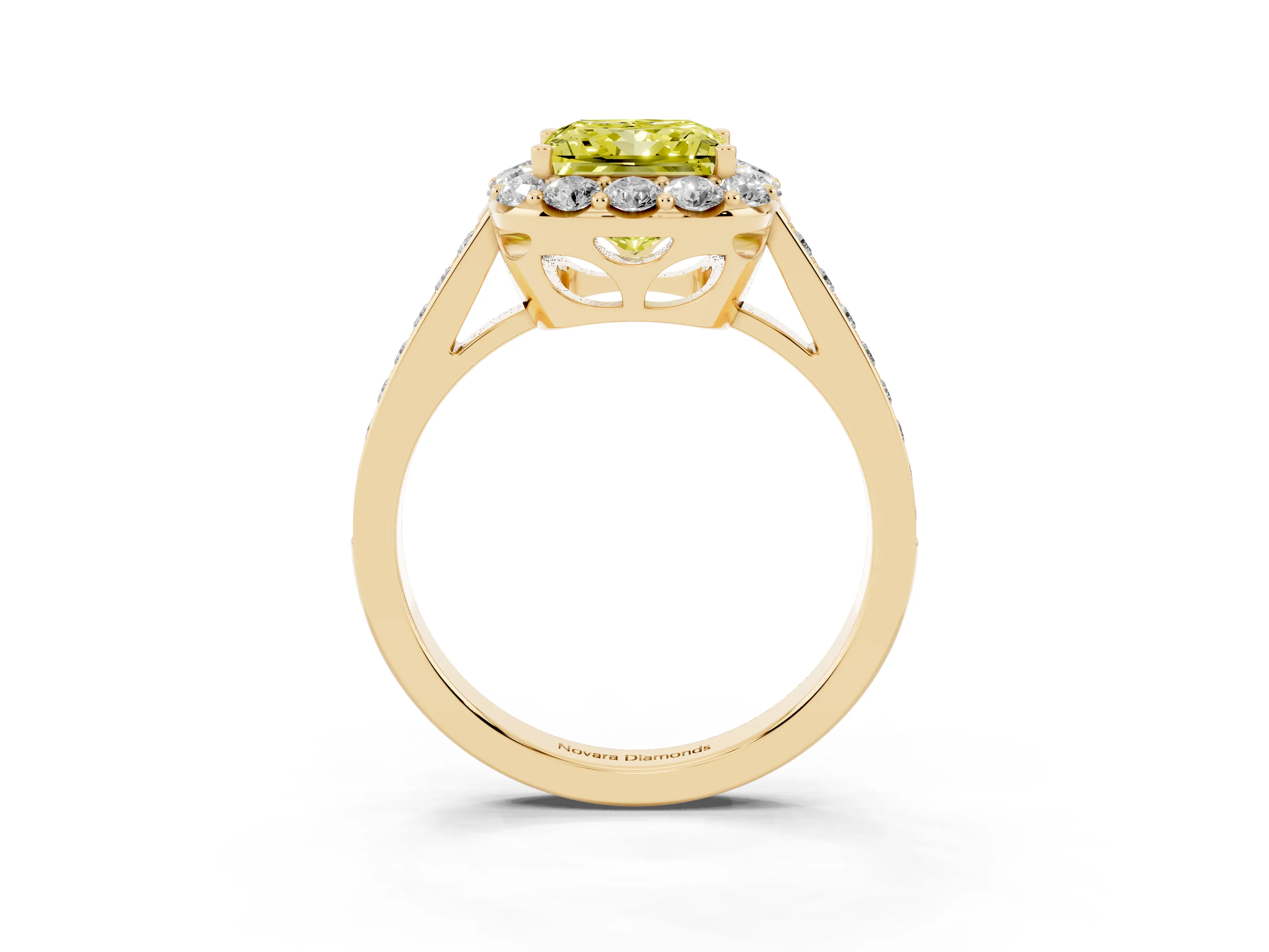 Fancy Yellow Princess Cut Diamond Floral Halo Ring Set in Yellow gold with Pavé Band and Prong Setting