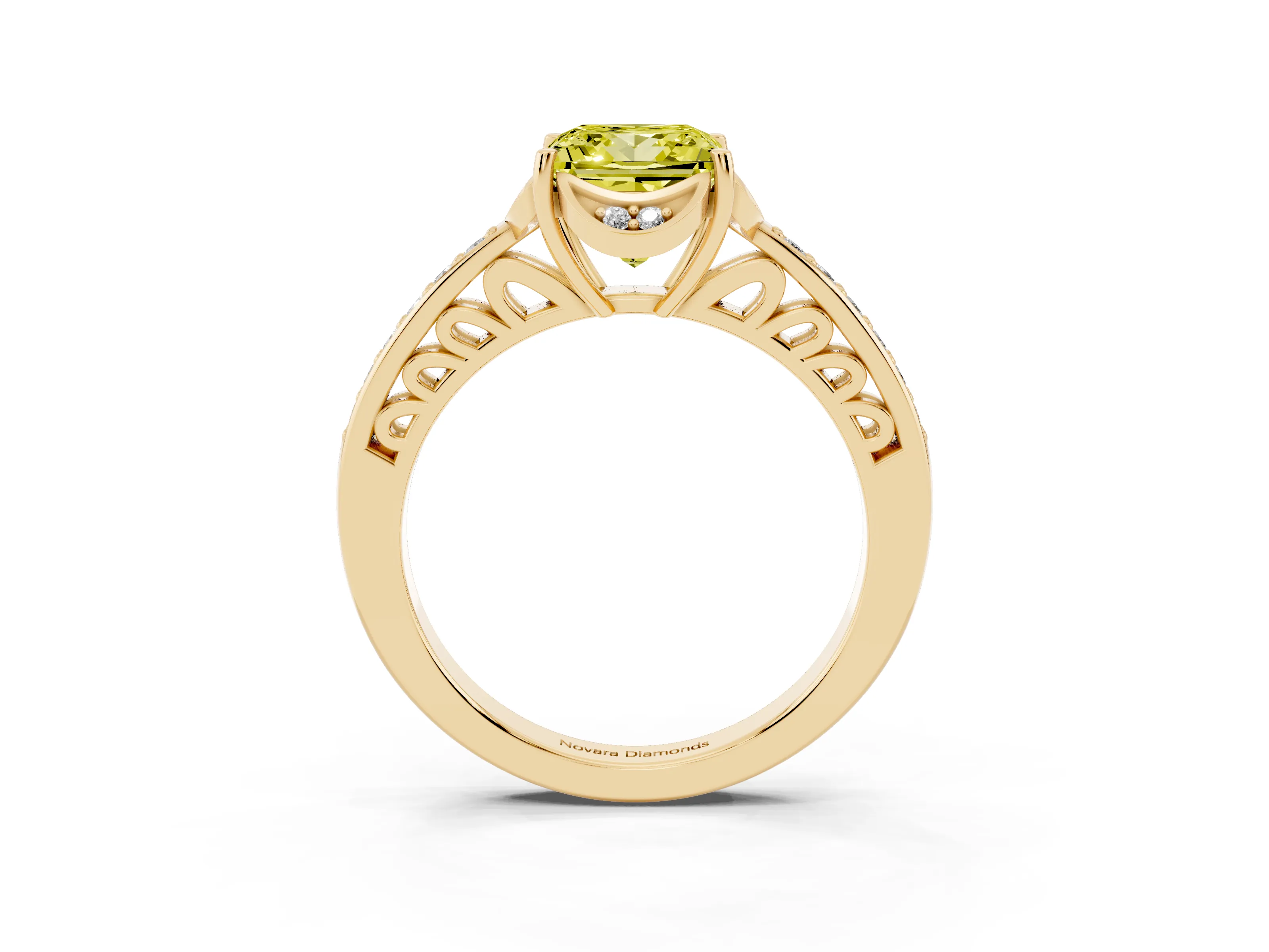 Fancy Yellow Princess Cut Diamond Halo Ring Set in Yellow gold with Channel Set Band and Prong Setting