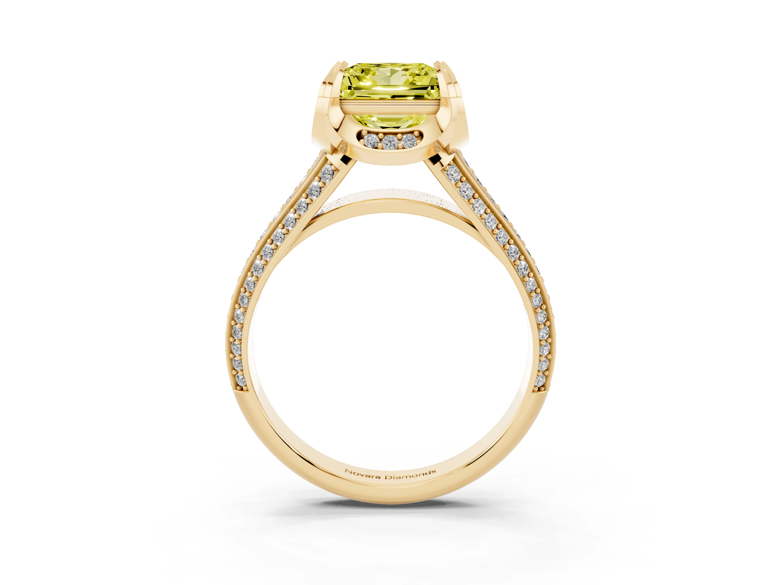 Fancy Yellow Princess Cut Diamond Pavé Split Shank Solitaire Ring Set in Yellow gold with Prong Setting