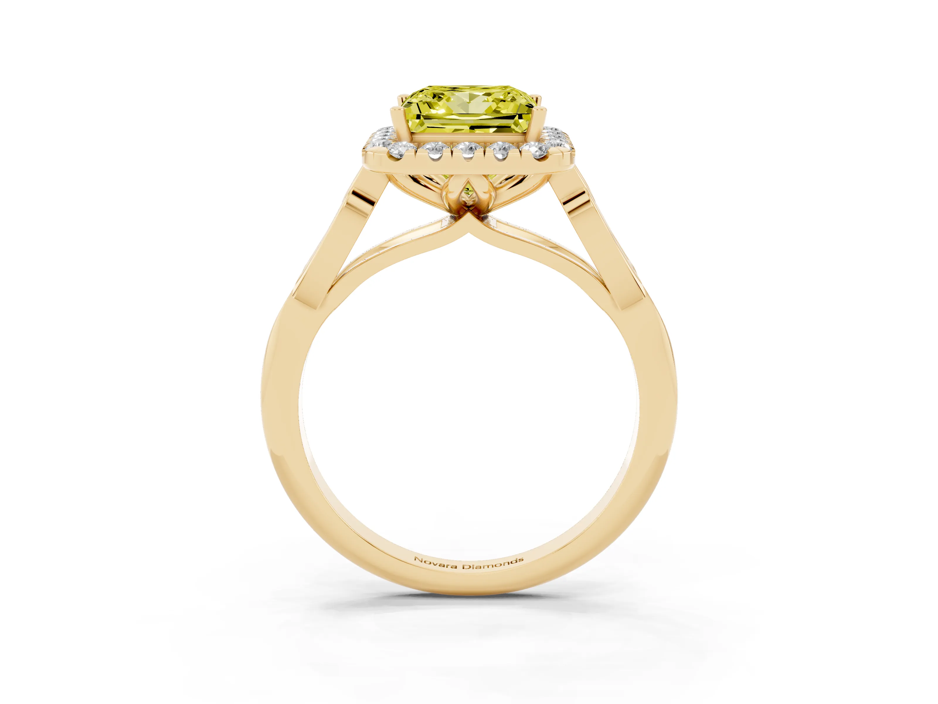Fancy Yellow Princess Cut Diamond Halo Engagement Ring Set in Yellow gold with Filigree Band and Prong-Set Center