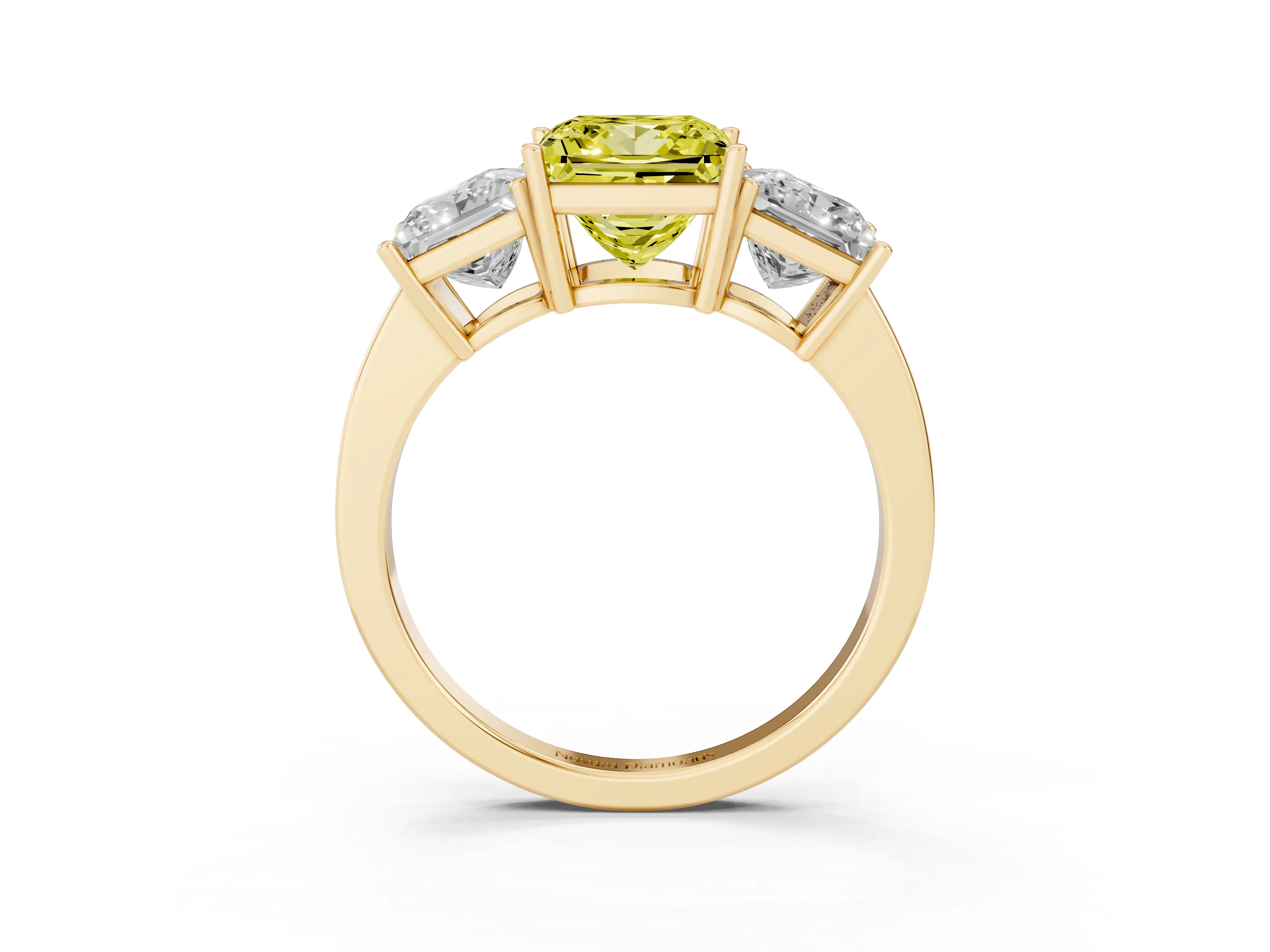 Fancy Yellow Princess Cut Diamond Three-Stone Engagement Ring Set in Yellow gold with Flat Band