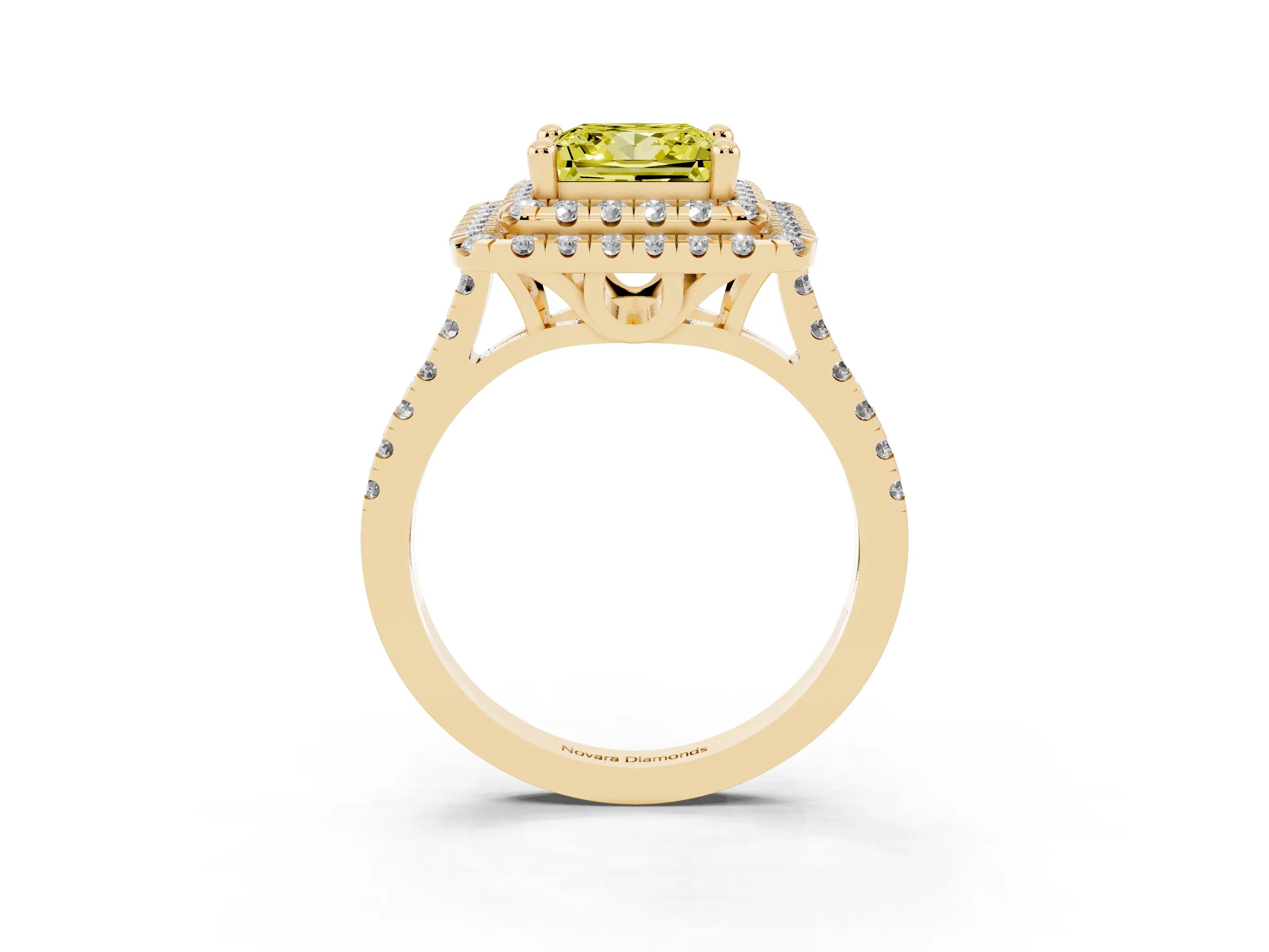 Fancy Yellow Princess Cut Diamond Double Halo Statement Ring Set in Yellow gold with Pavé Band