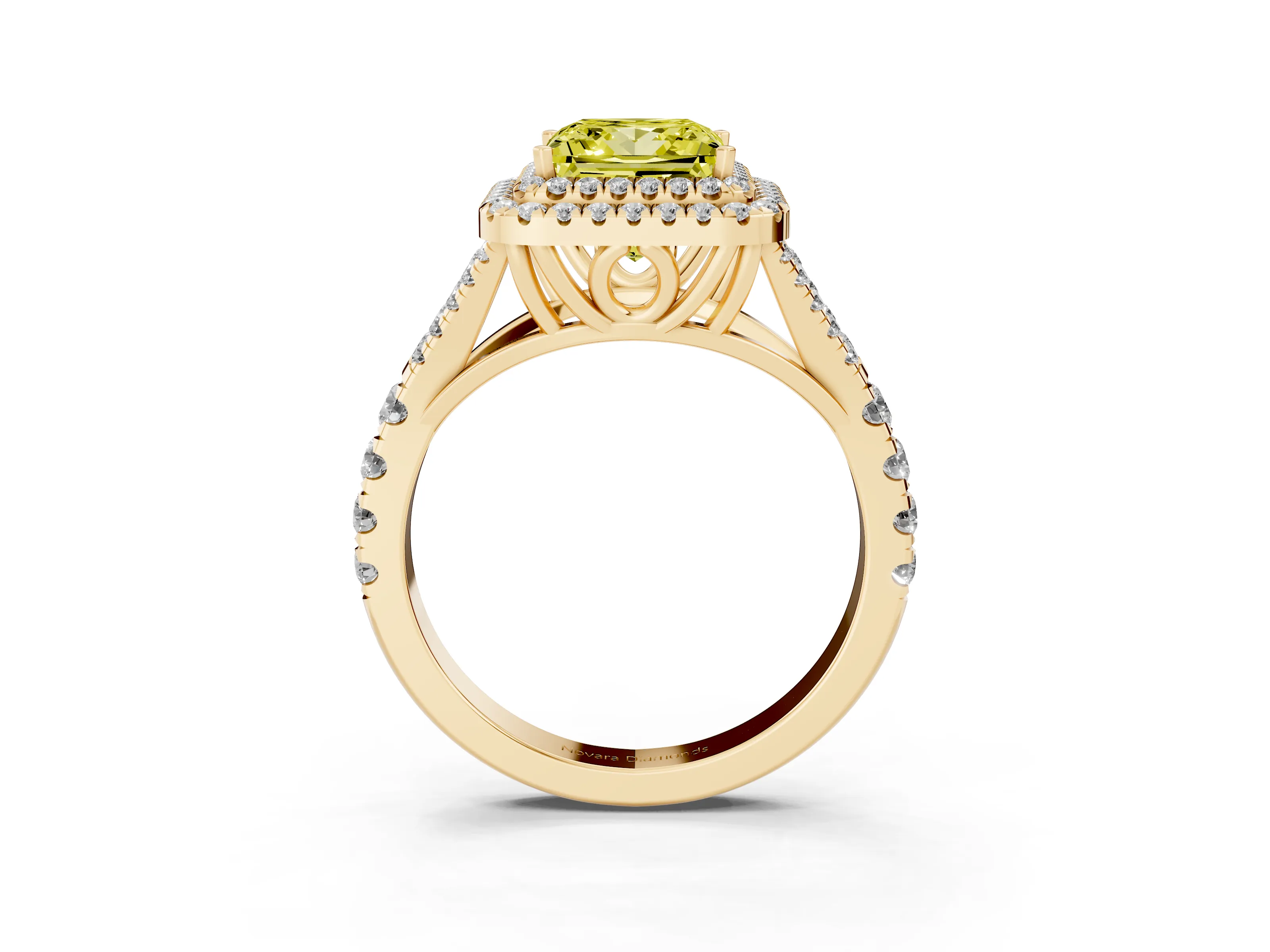 Fancy Yellow Princess Cut Diamond Pavé Split Shank Double Halo Engagement Ring Set in Yellow gold