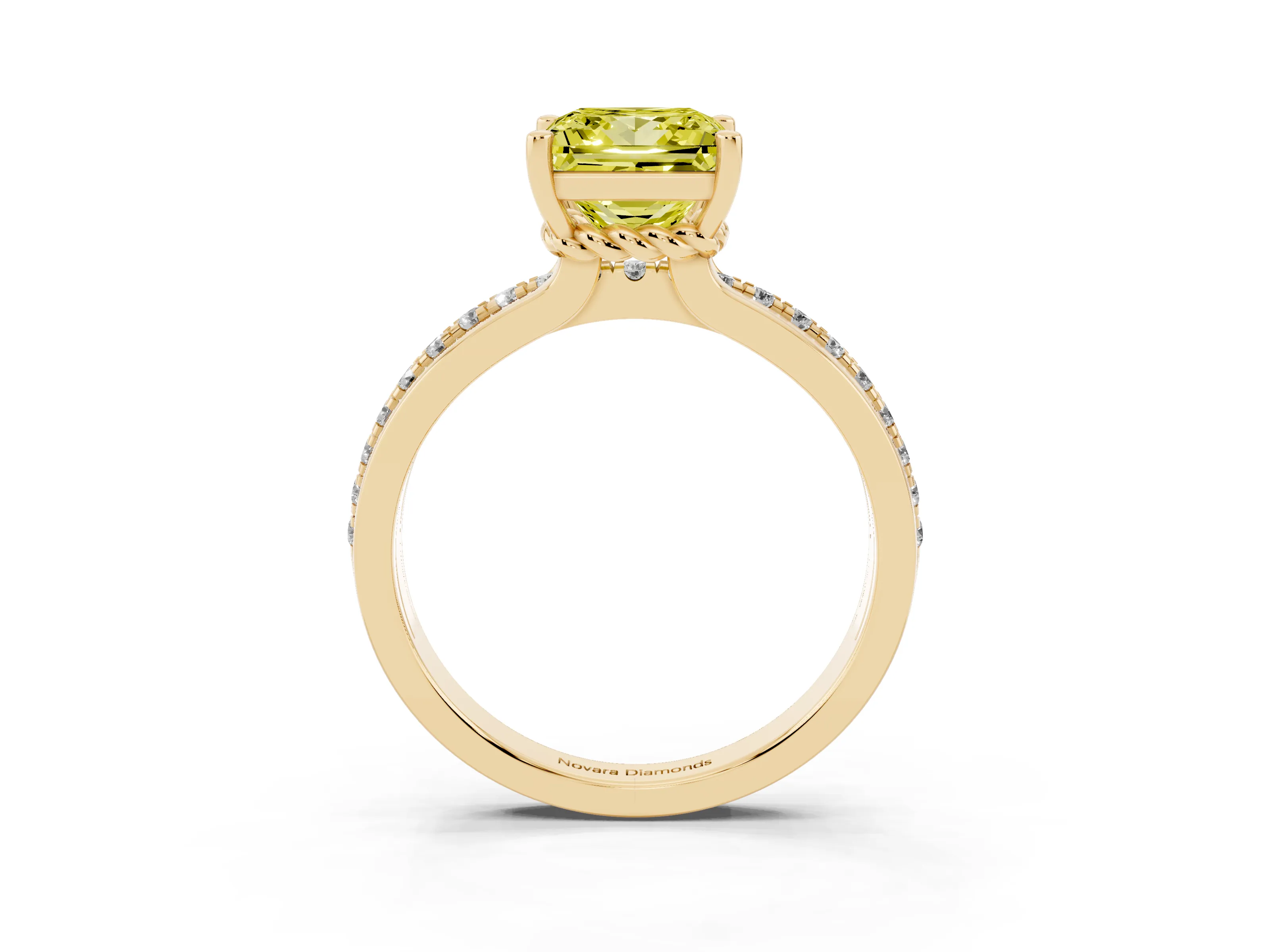 Fancy Yellow Princess Cut Diamond Solitaire Ring Set in Yellow gold with Channel Set Band and Prong Setting
