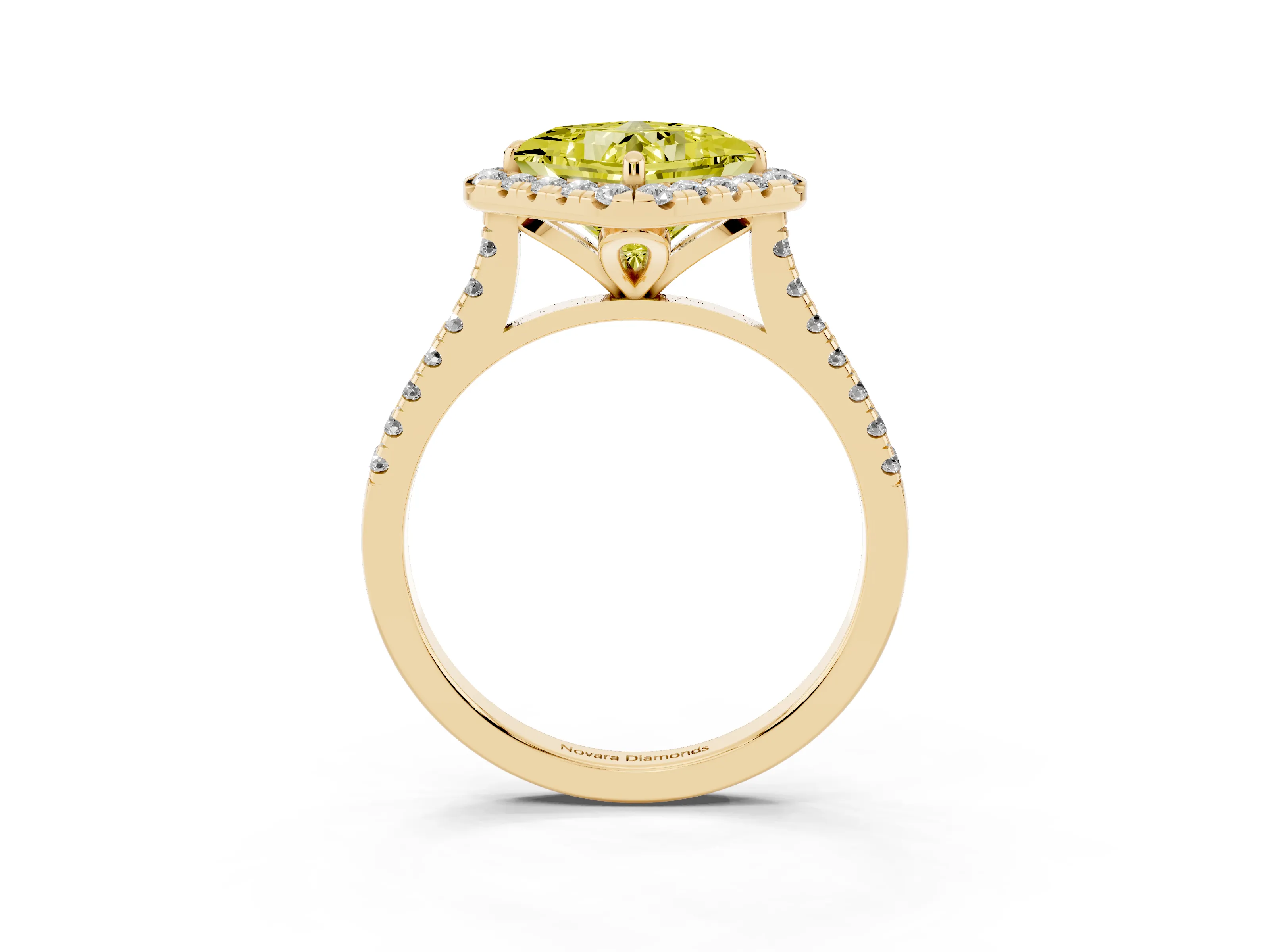 Fancy Yellow Princess Cut Diamond Cushion Halo Ring Set in Yellow gold with Pavé Band