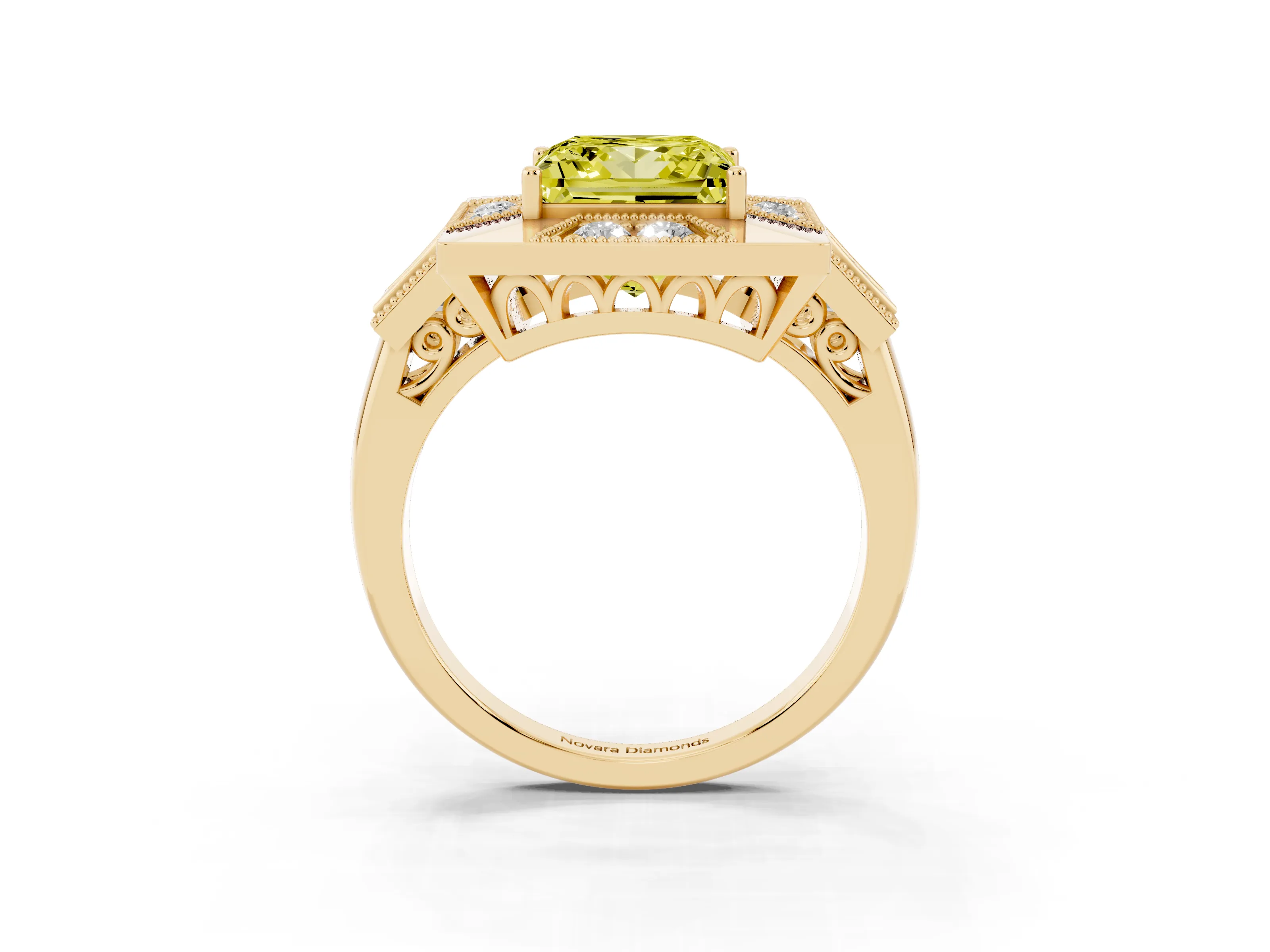 Fancy Yellow Princess Cut Diamond Milgrain Halo Ring Set in Yellow gold with Split Shank