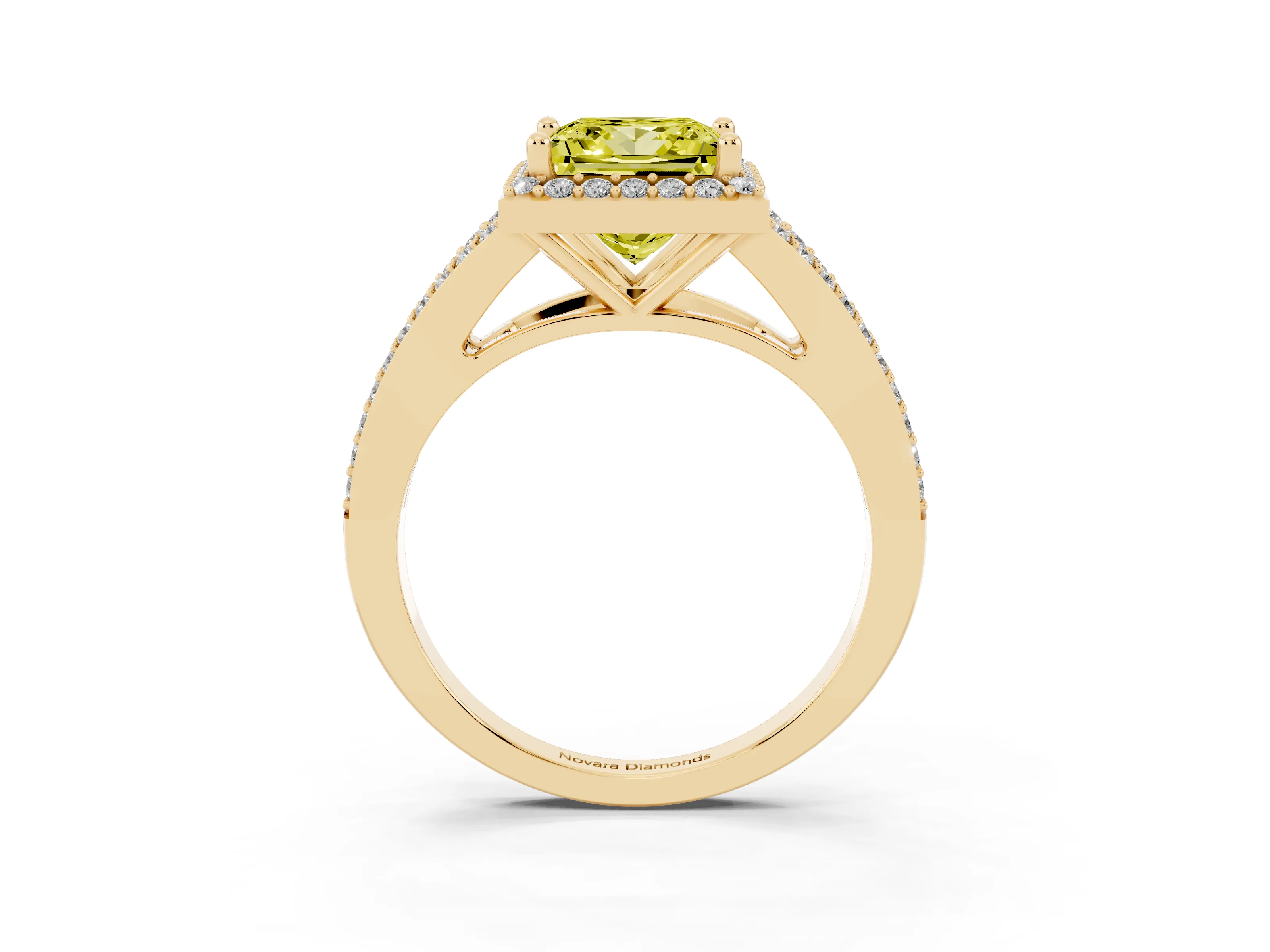 Fancy Yellow Princess Cut Diamond Halo Split Shank Pavé Ring Set in Yellow gold with Prong Setting