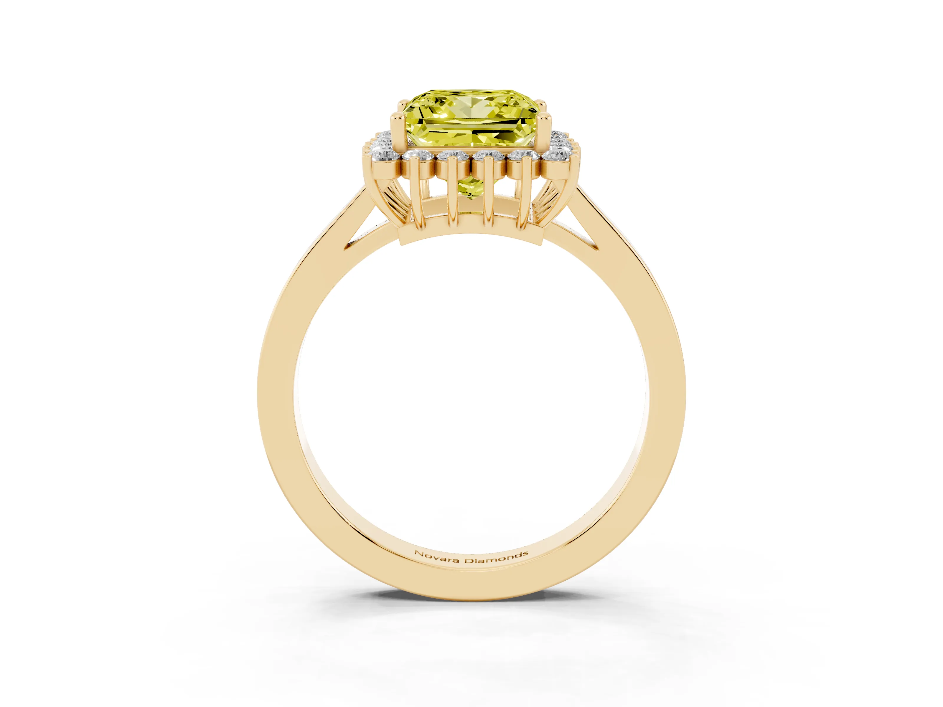 Fancy Yellow Princess Cut Diamond Halo Ring Set in Yellow gold with Round Halo and Smooth Solitaire Band