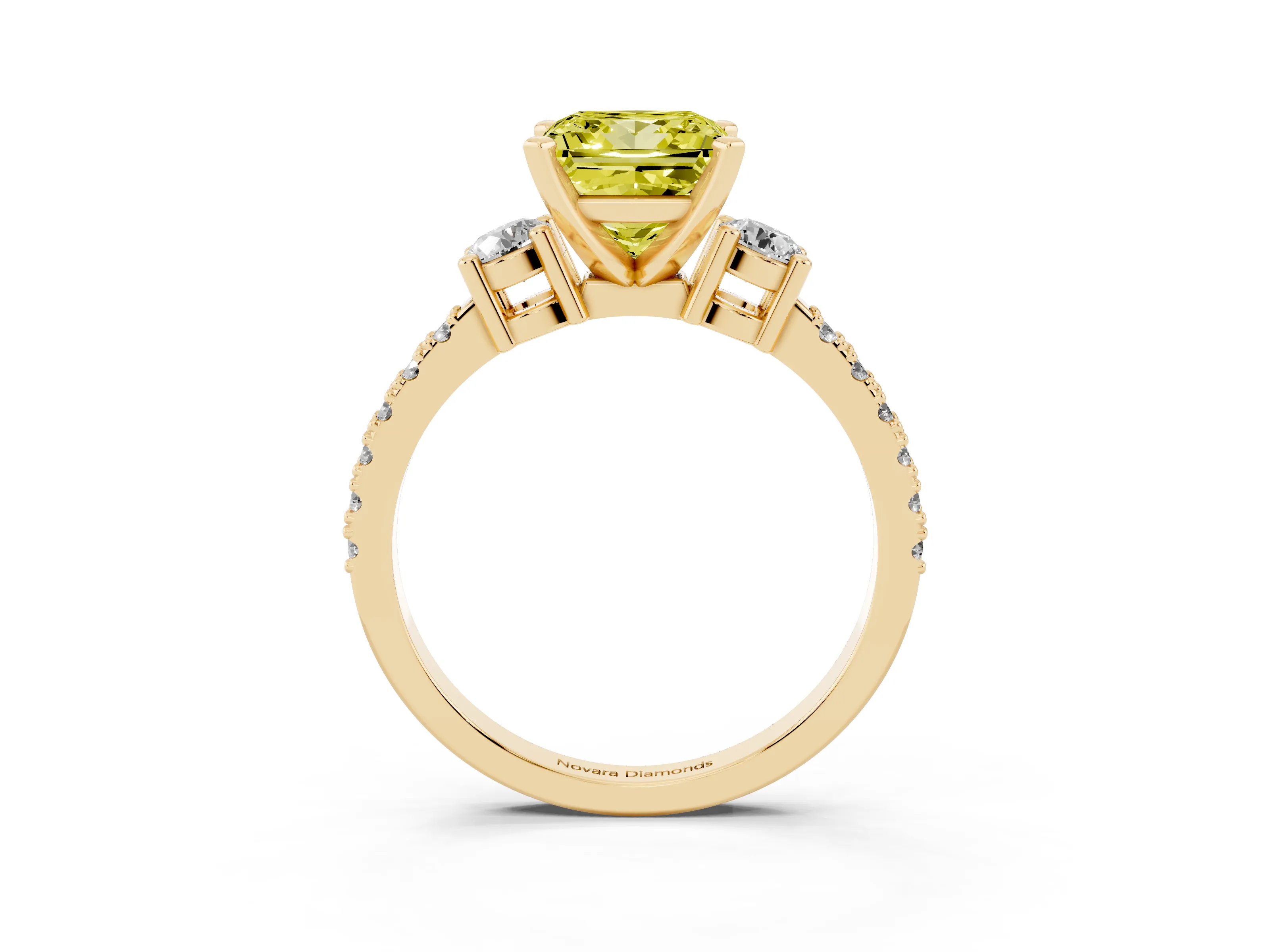 Fancy Yellow Three-Stone Princess Cut Diamond Pavé Band Ring Set in Yellow gold with Prong Setting
