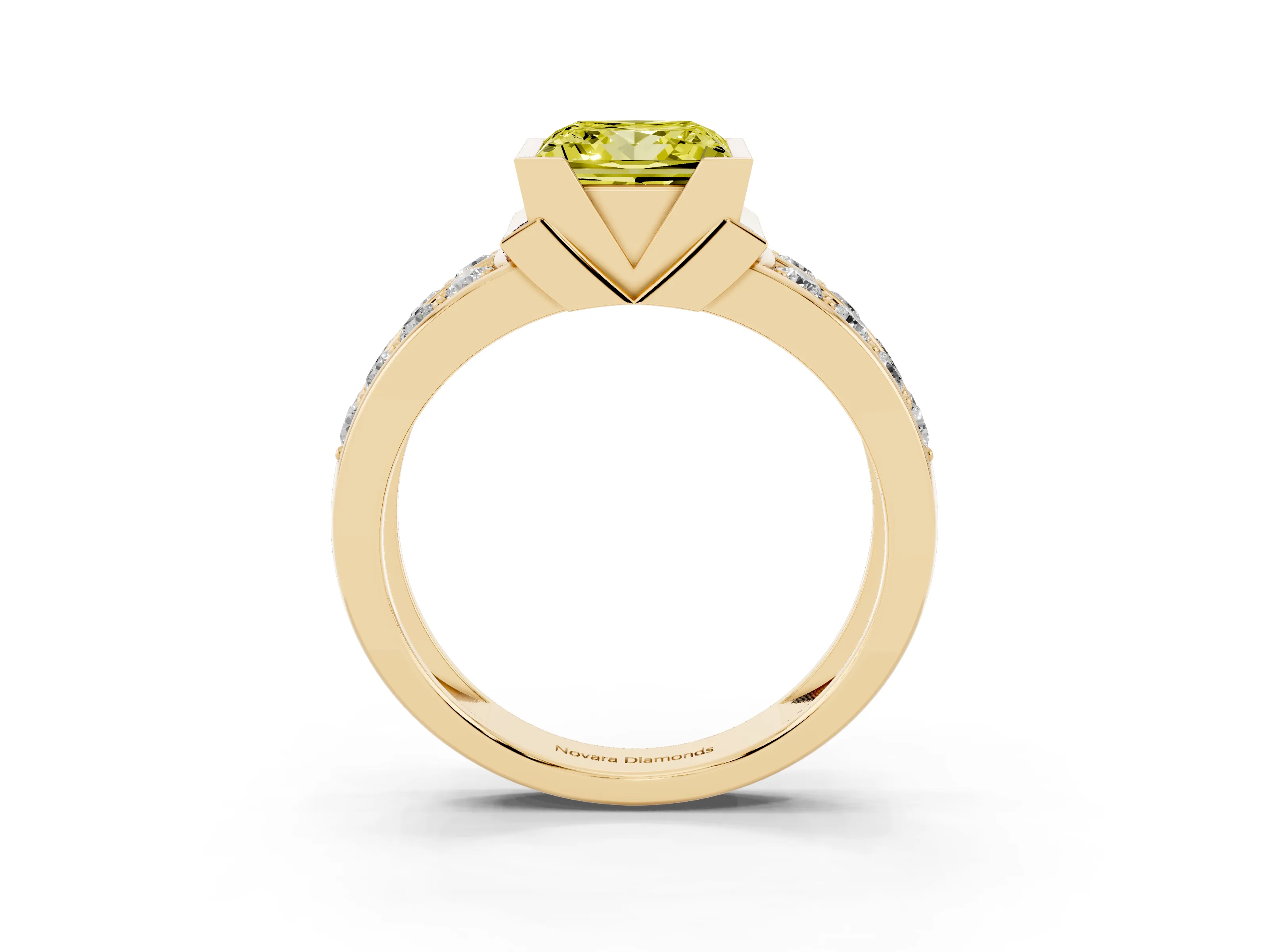 Fancy Yellow Princess Cut Diamond Wide Channel Set Band Ring Set in Yellow gold with Bezel Setting