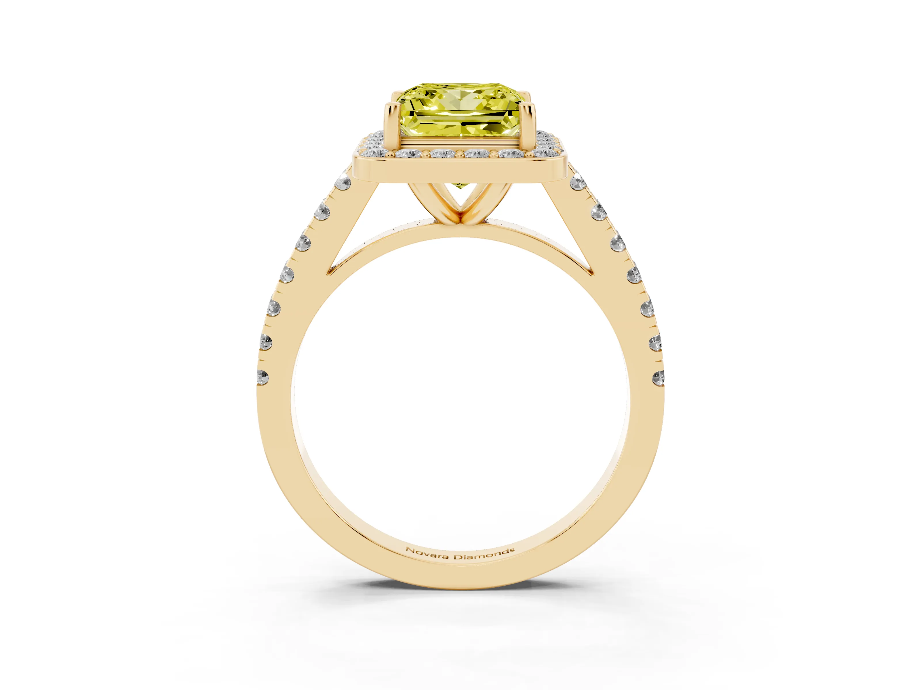 Fancy Yellow Princess Cut Diamond Halo Ring Set in Yellow gold with Round Pavé Split Shank and Prong Setting