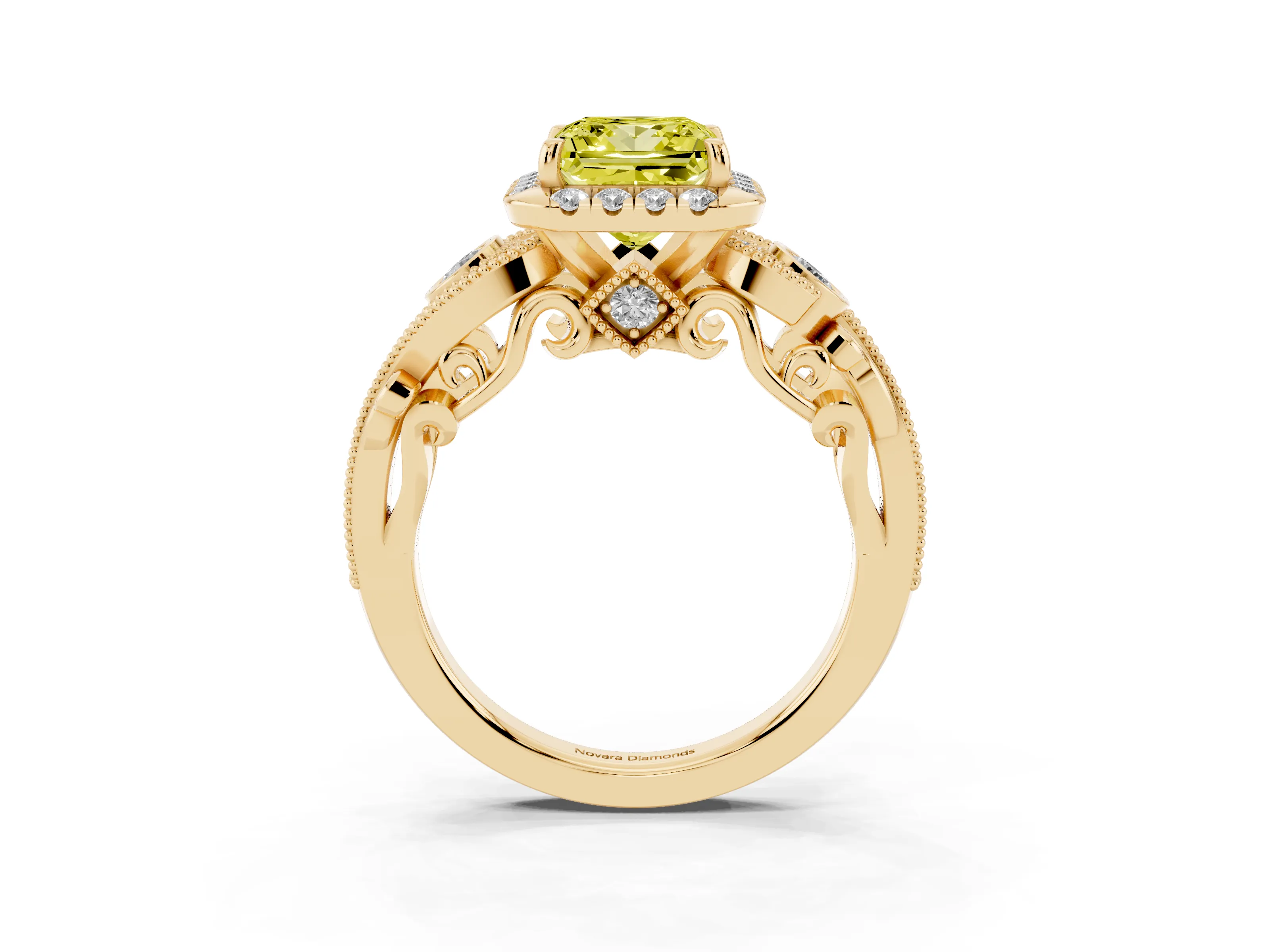 Fancy Yellow Princess Cut Diamond Halo Ring Set in Yellow gold with Milgrain Pavé Band and Prong Setting
