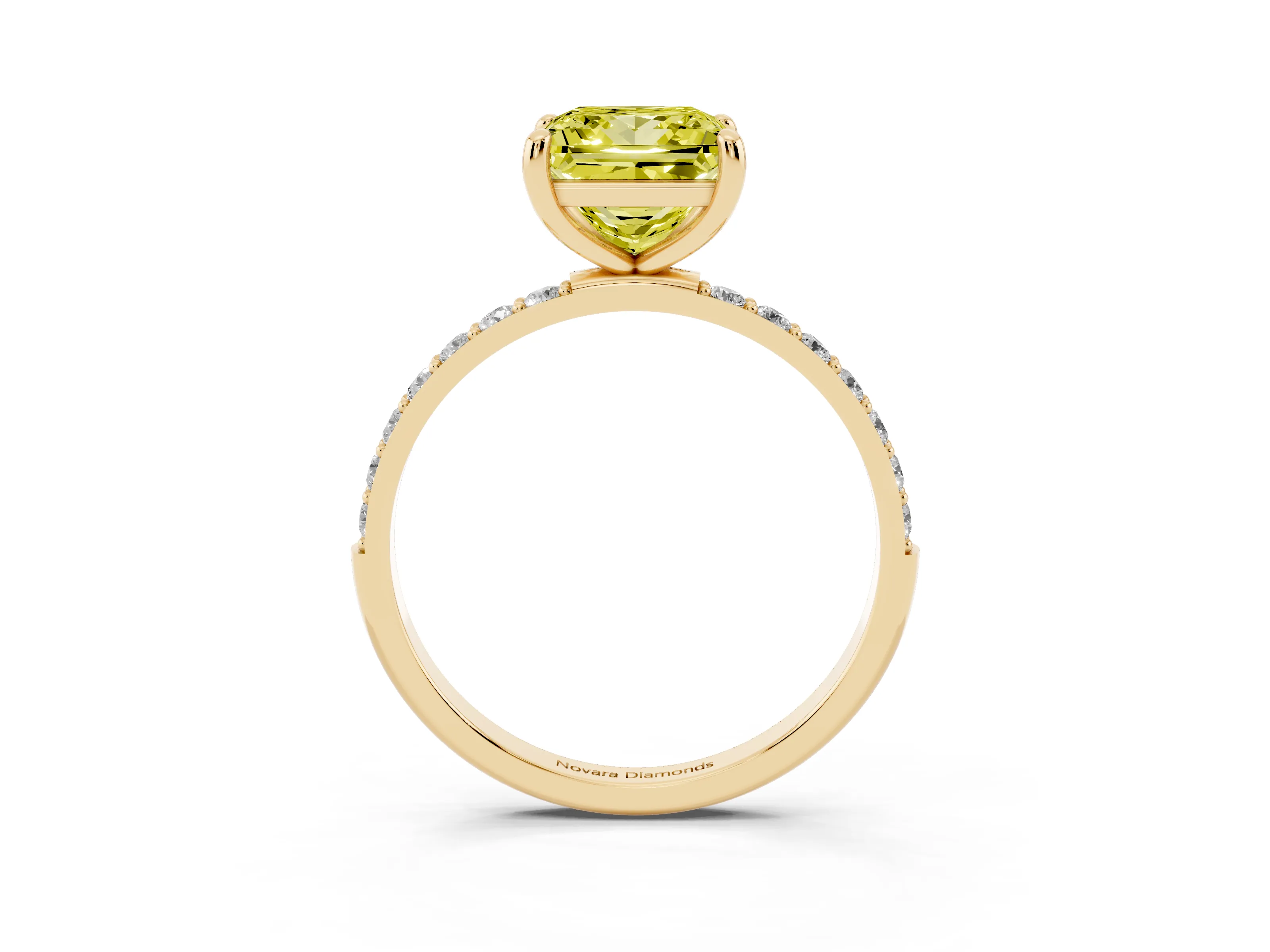 Fancy Yellow Princess Cut Diamond Solitaire Ring Set in Yellow gold with Round Pavé Band and Prong Setting