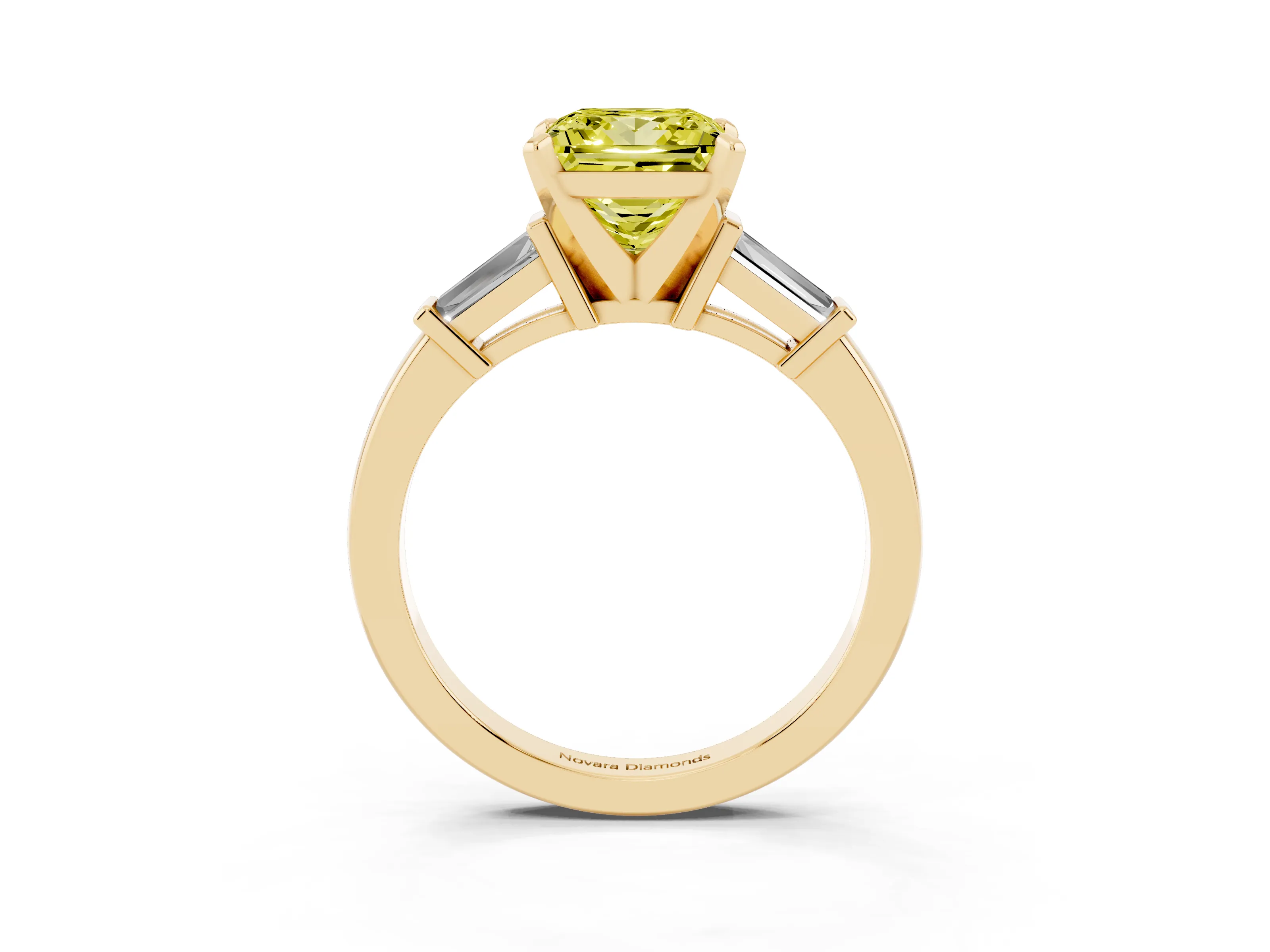 Fancy Yellow Princess Cut Diamond Solitaire Ring Set in Yellow gold with Tapered Baguette Accents and Prong Setting