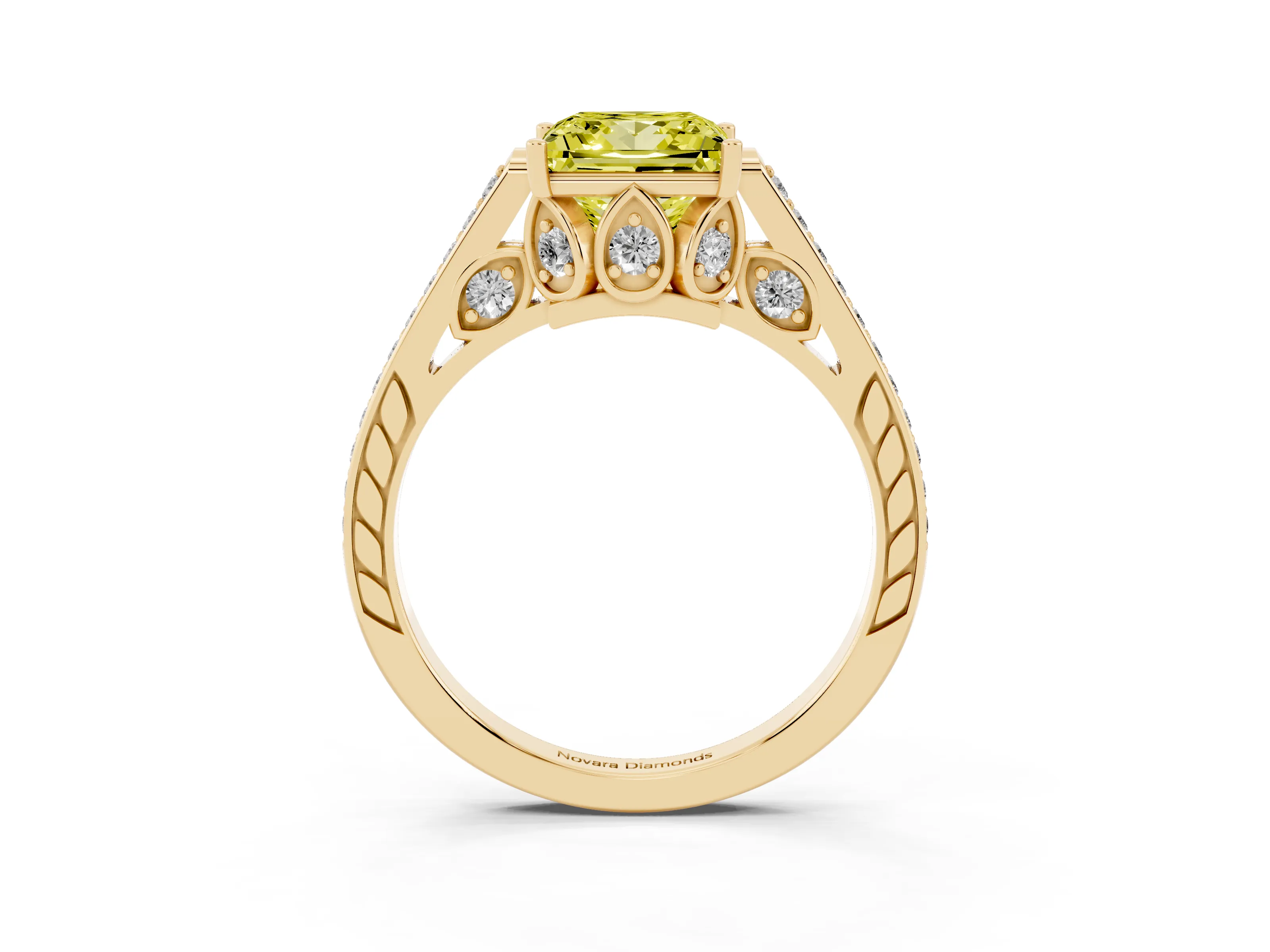 Fancy Yellow Princess Cut Diamond Cathedral Pavé Engagement Ring Set in Yellow gold with Prong Setting