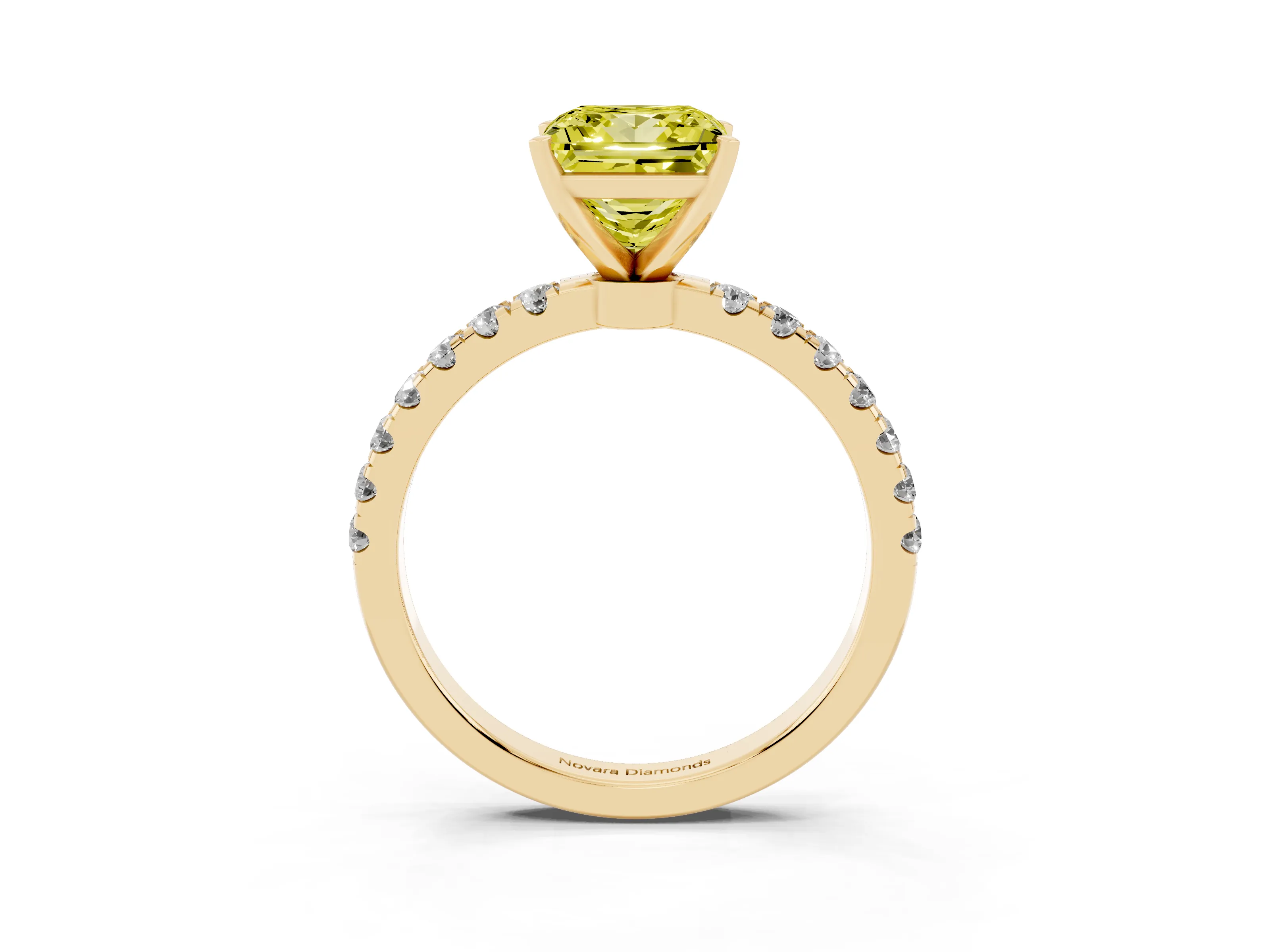 Fancy Yellow Princess Cut Diamond Solitaire Ring Set in Yellow gold with Pavé Accents and Prong Setting