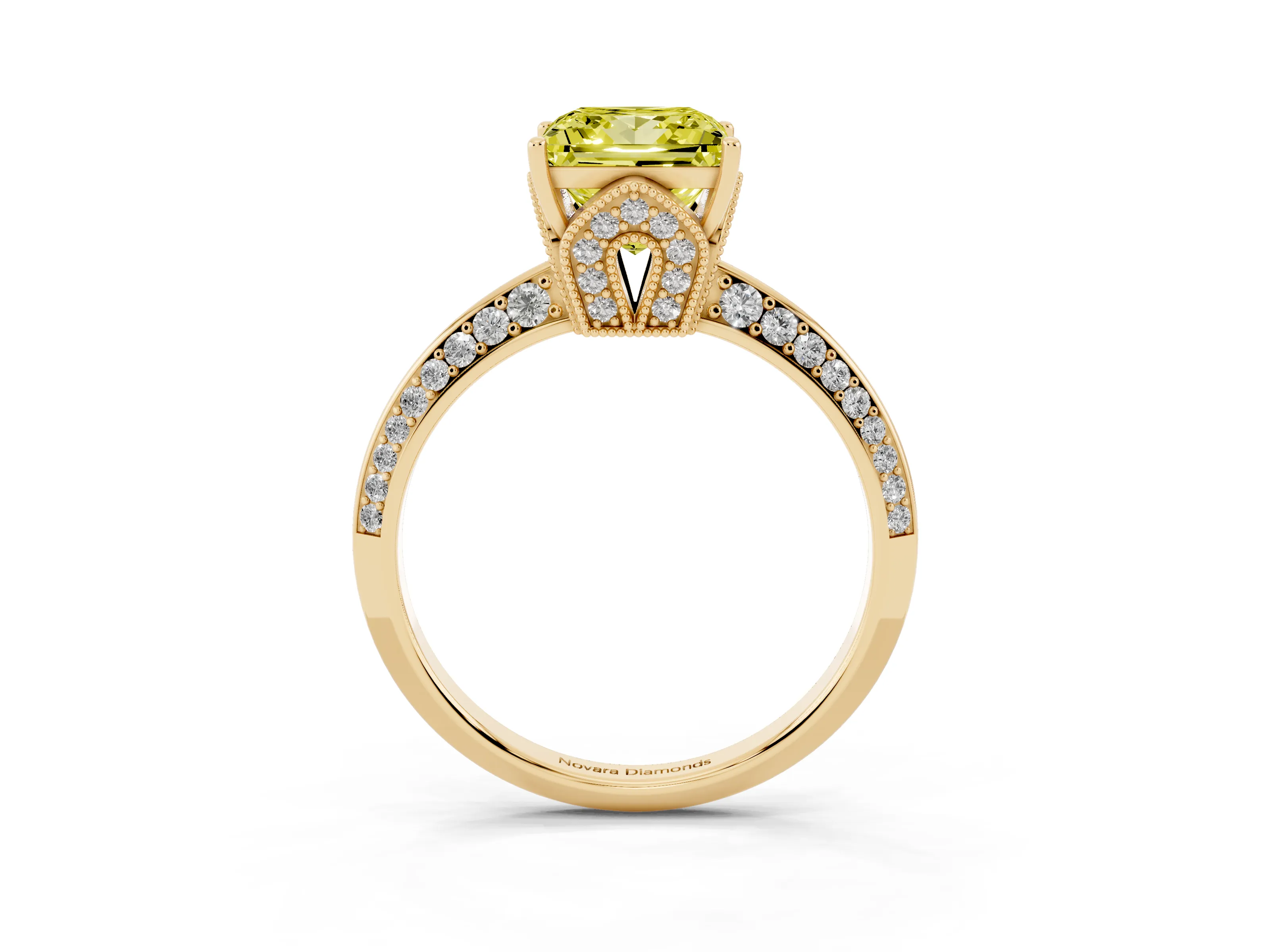 Fancy Yellow Princess Cut Diamond Solitaire Engagement Ring Set in Yellow gold with Pavé Split Shank and Prong Setting